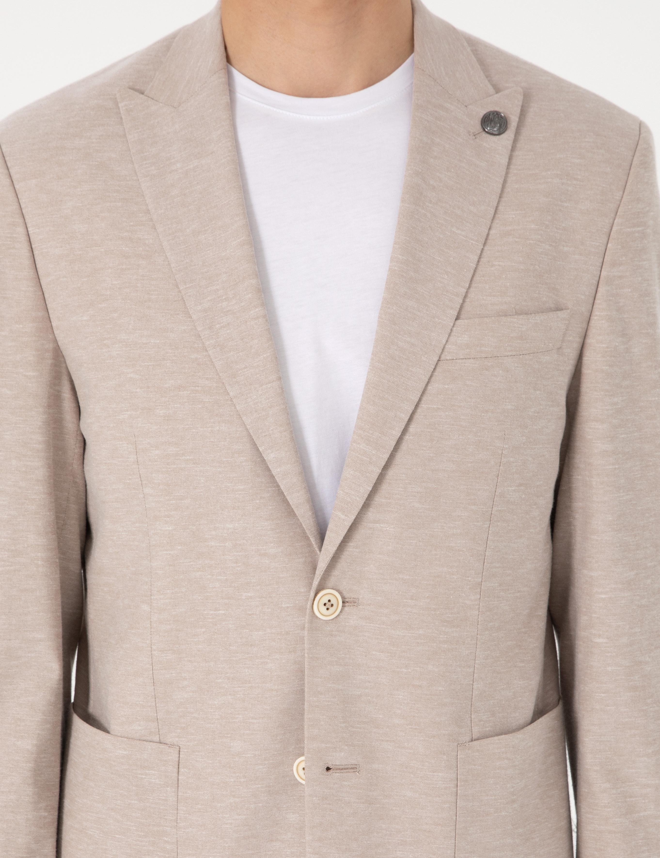 Açık Kahverengi Slim Fit Keten Karışımlı Takım Elbise