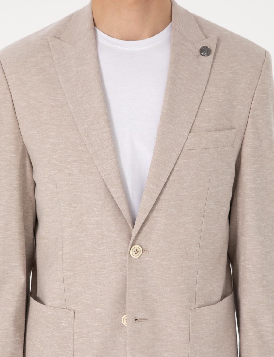 Açık Kahverengi Slim Fit Keten Karışımlı Takım Elbise