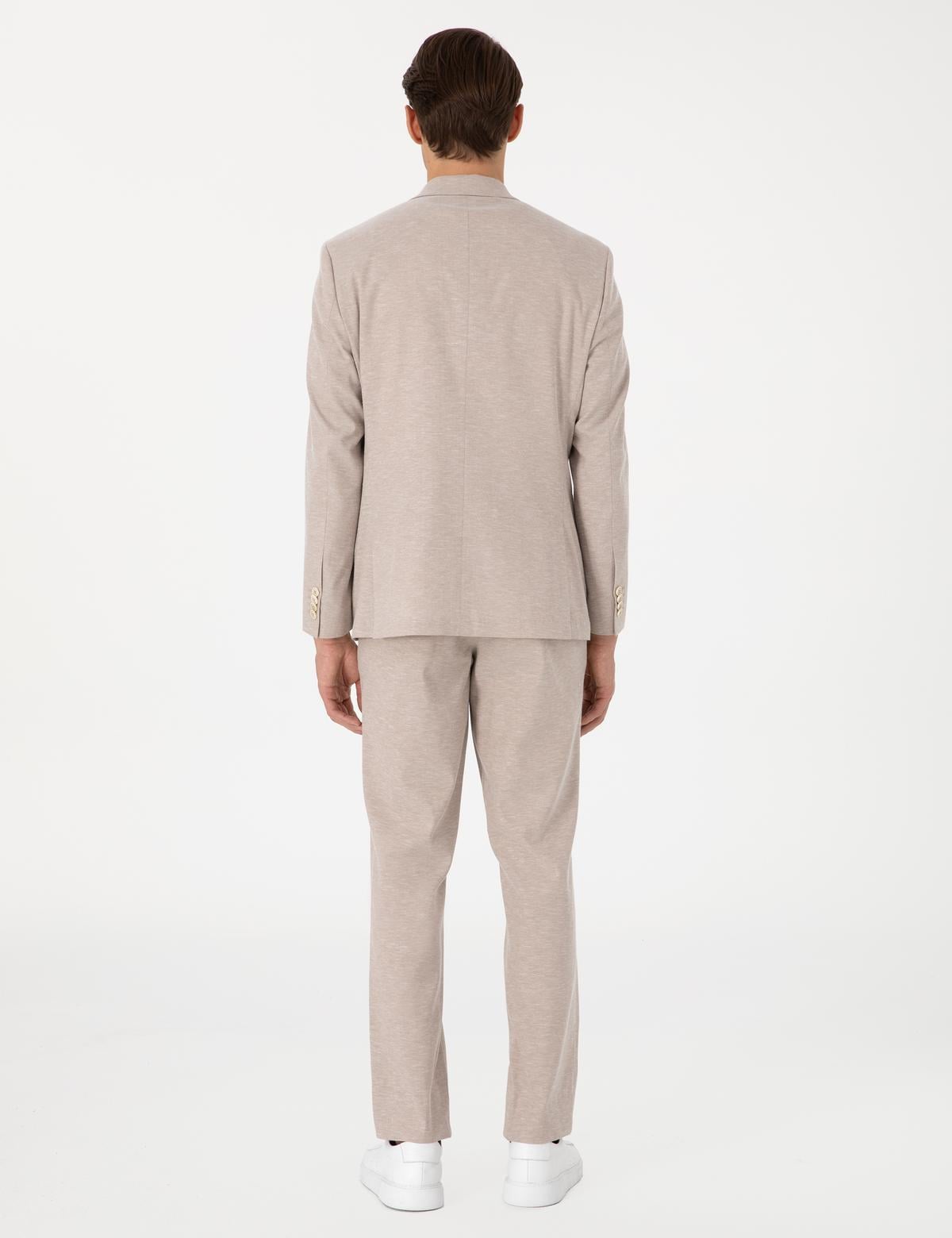 Açık Kahverengi Slim Fit Keten Karışımlı Takım Elbise - 50306933044