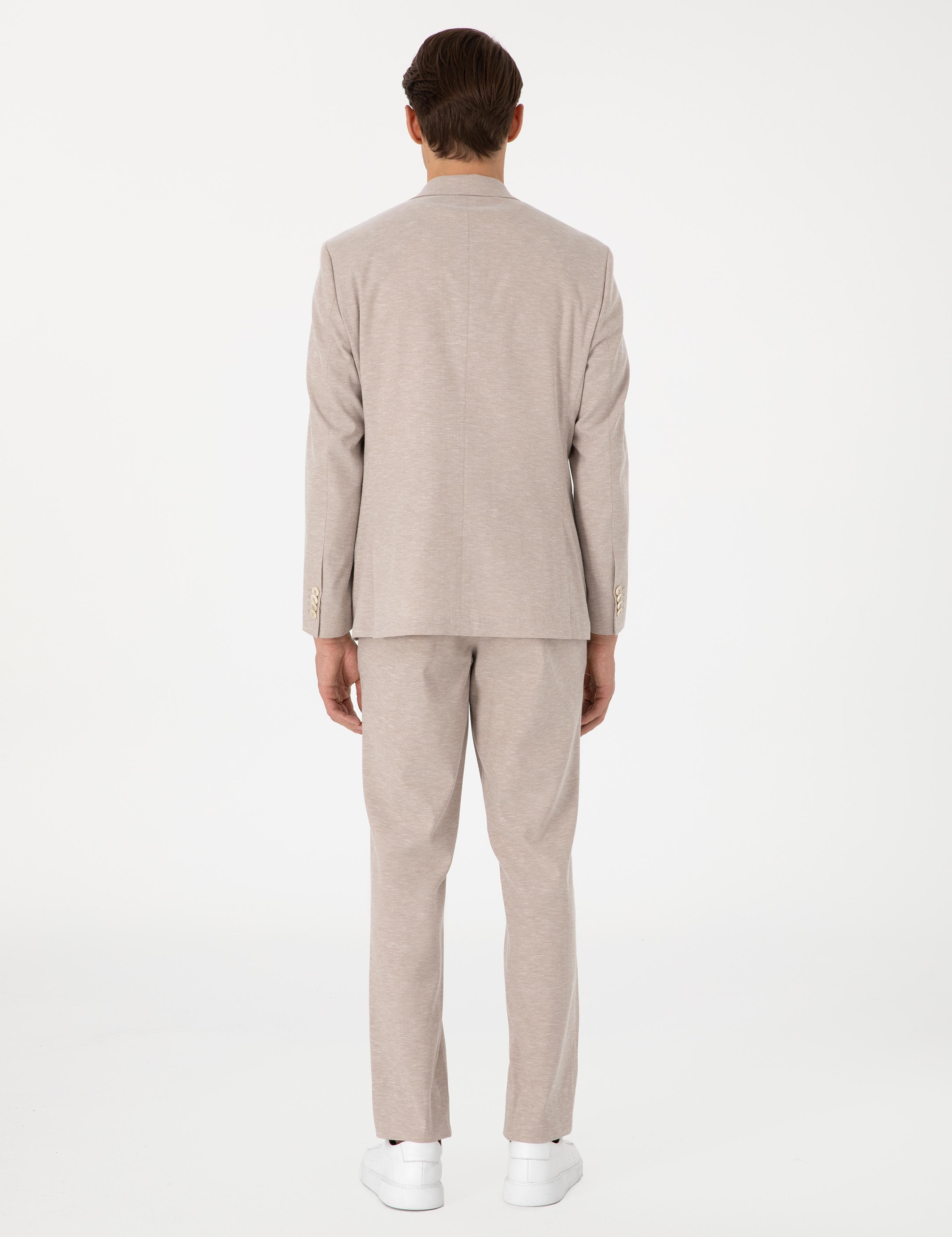 Açık Kahverengi Slim Fit Keten Karışımlı Takım Elbise