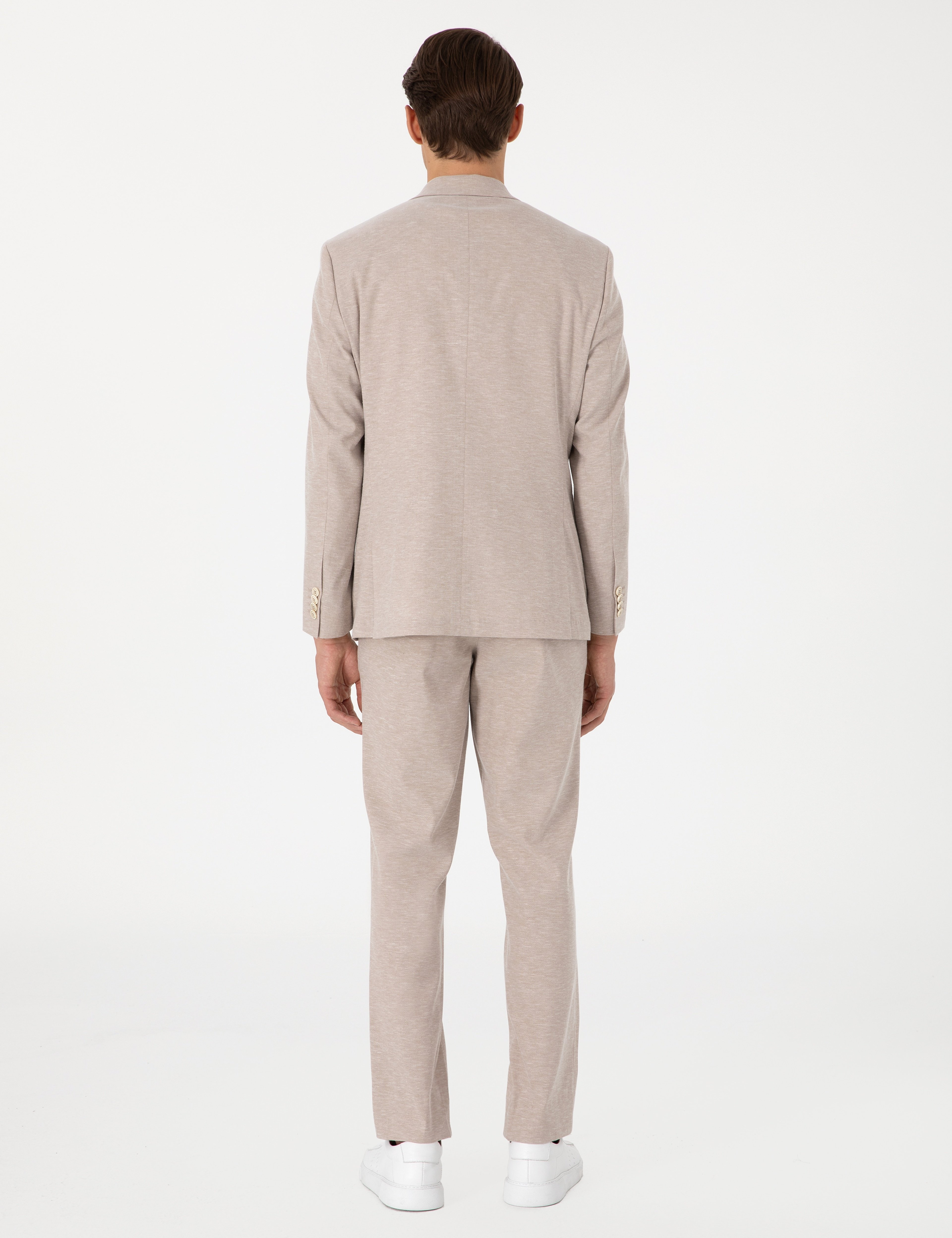 Açık Kahverengi Slim Fit Keten Karışımlı Takım Elbise