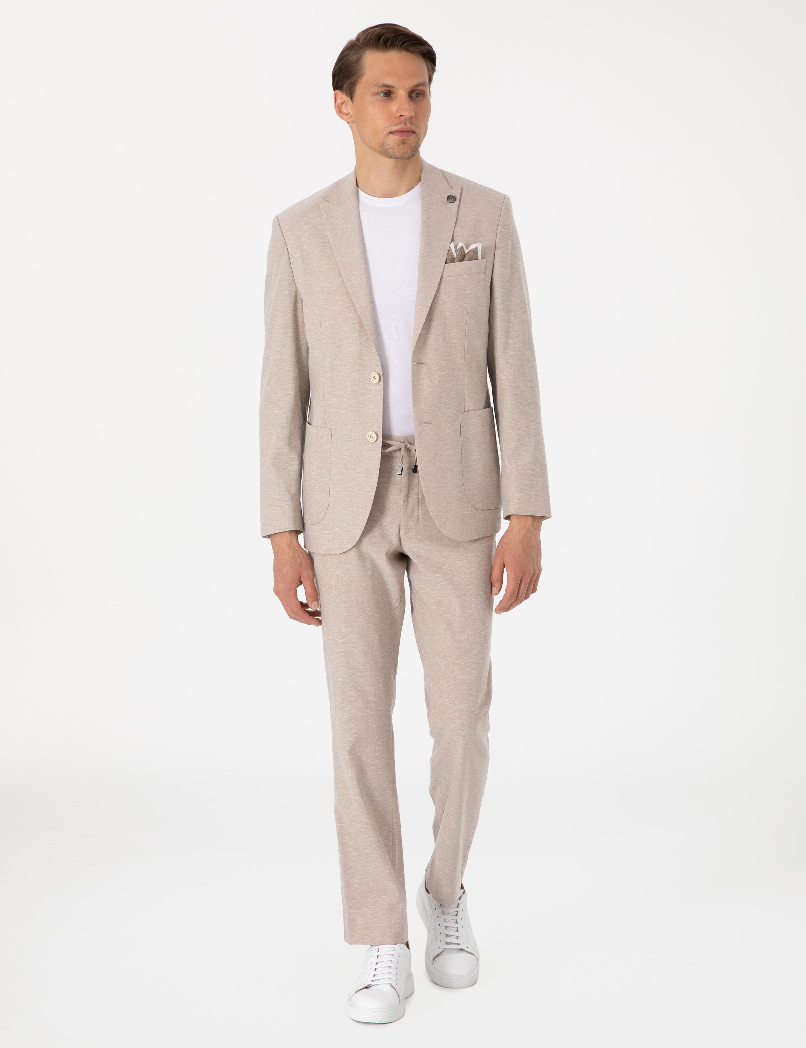 Açık Kahverengi Slim Fit Keten Karışımlı Takım Elbise