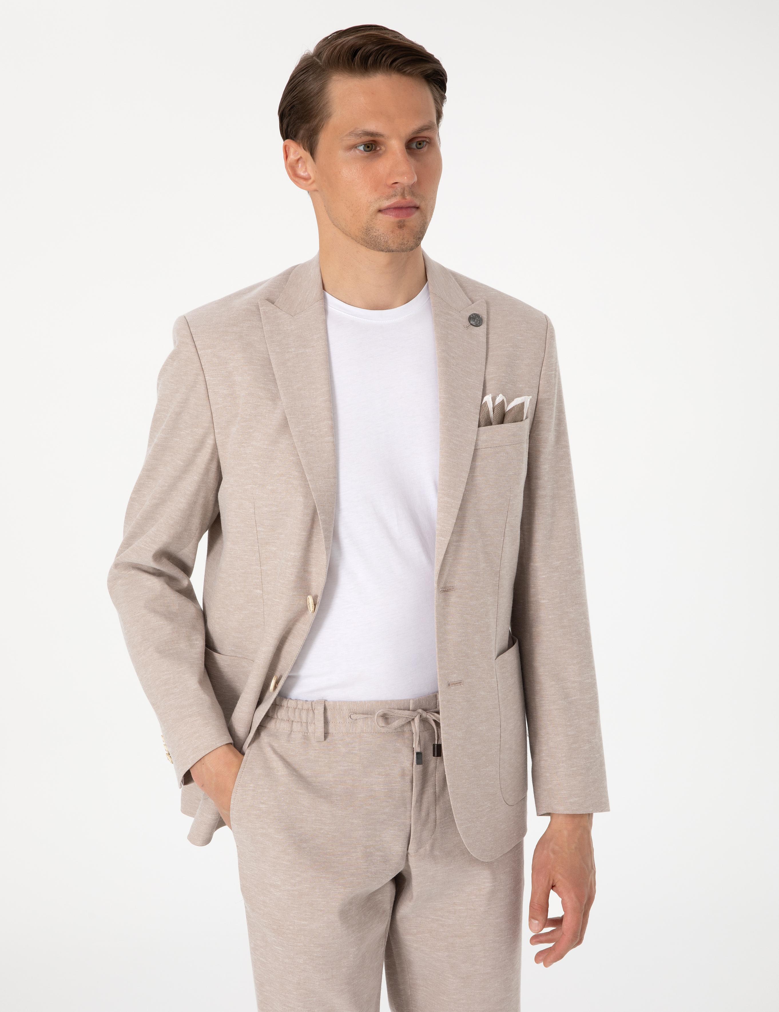 Açık Kahverengi Slim Fit Keten Karışımlı Takım Elbise