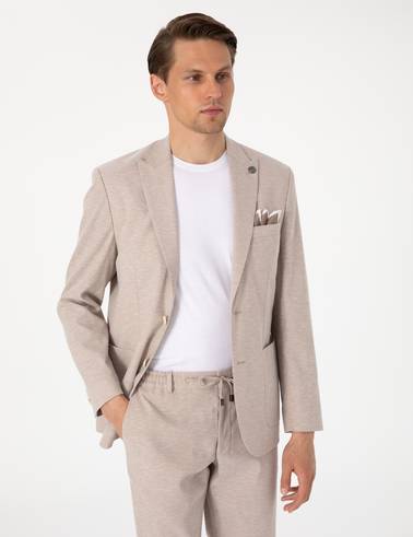 Açık Kahverengi Slim Fit Keten Karışımlı Takım Elbise