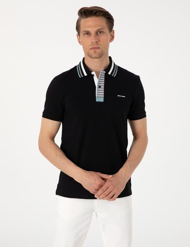 Siyah Slim Fit %100 Pamuk Düğmeli Polo Yaka Tişört