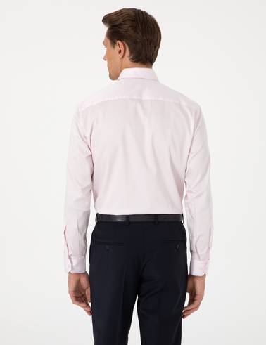 Açık Pembe %100 Pamuk Parlak Saten Slim Fit Uzun Kollu Basic Gömlek