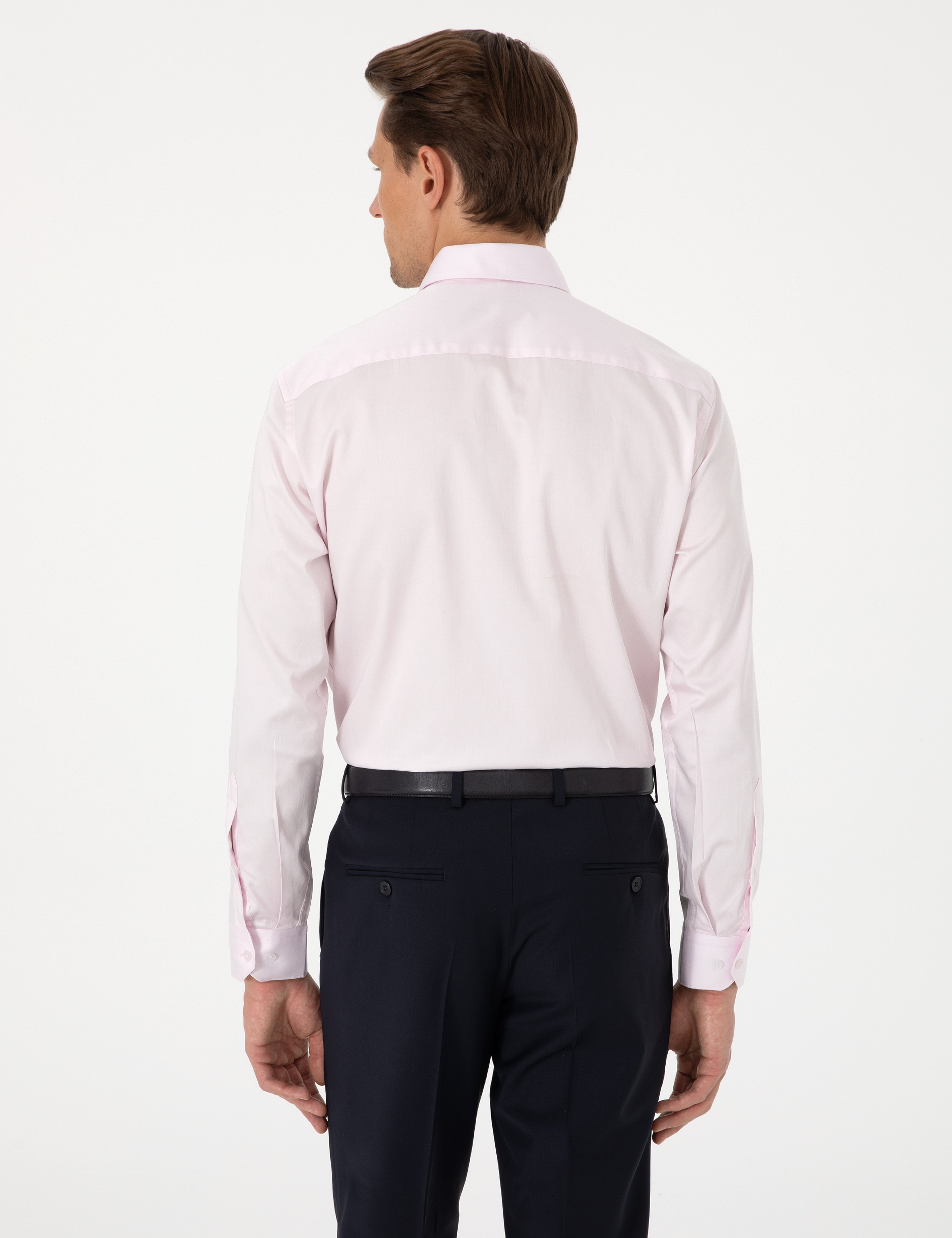 Açık Pembe %100 Pamuk Parlak Saten Slim Fit Uzun Kollu Basic Gömlek