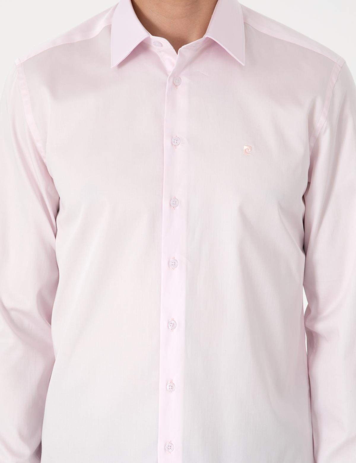 Açık Pembe Parlak Saten Slim Fit Uzun Kollu Basic Gömlek - 50305127061