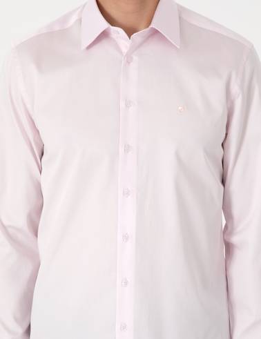 Açık Pembe %100 Pamuk Parlak Saten Slim Fit Uzun Kollu Basic Gömlek