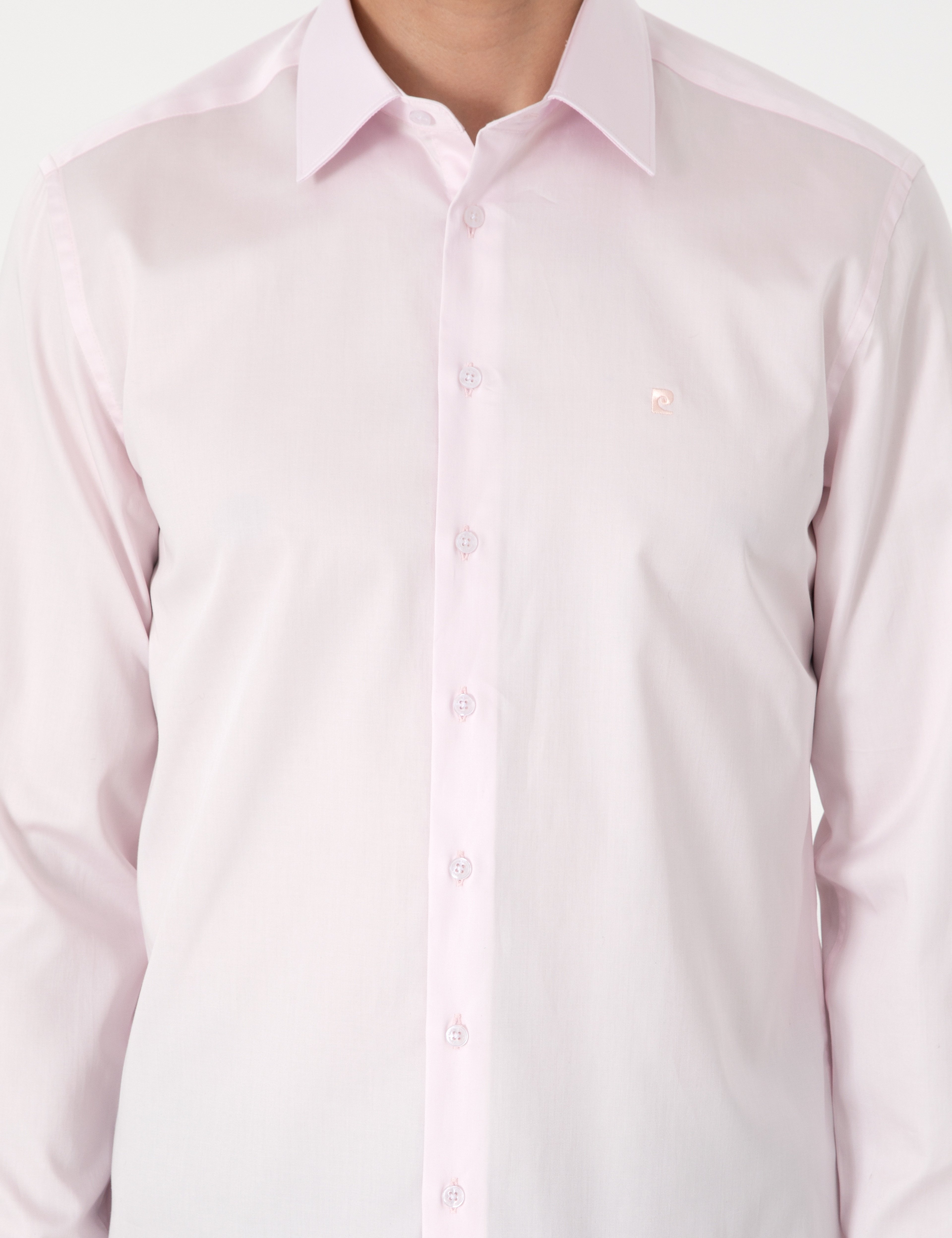 Açık Pembe %100 Pamuk Parlak Saten Slim Fit Uzun Kollu Basic Gömlek