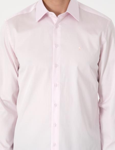Açık Pembe Parlak Saten Slim Fit Uzun Kollu Basic Gömlek - 50305127061
