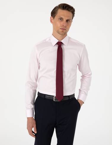Açık Pembe %100 Pamuk Parlak Saten Slim Fit Uzun Kollu Basic Gömlek