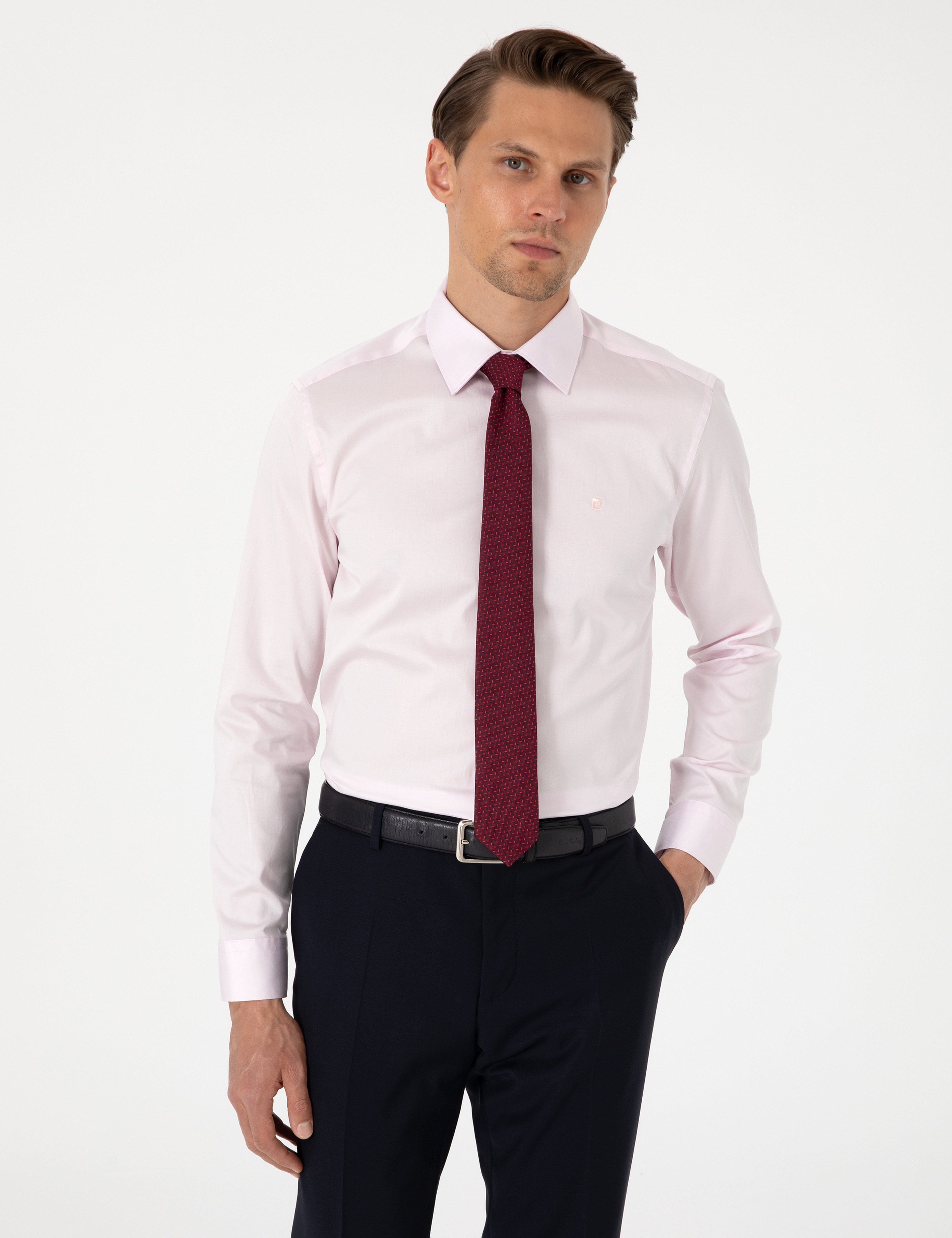Açık Pembe %100 Pamuk Parlak Saten Slim Fit Uzun Kollu Basic Gömlek
