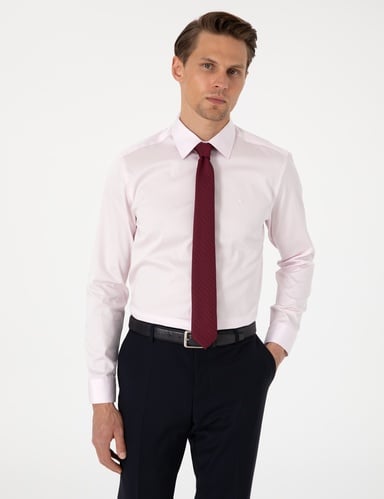 Açık Pembe %100 Pamuk Parlak Saten Slim Fit Uzun Kollu Basic Gömlek