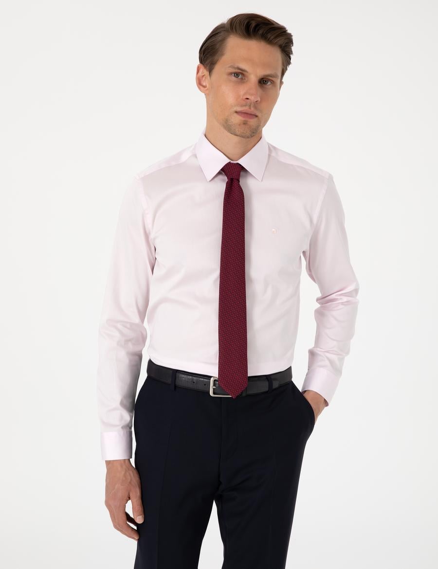 Açık Pembe Parlak Saten Slim Fit Uzun Kollu Basic Gömlek