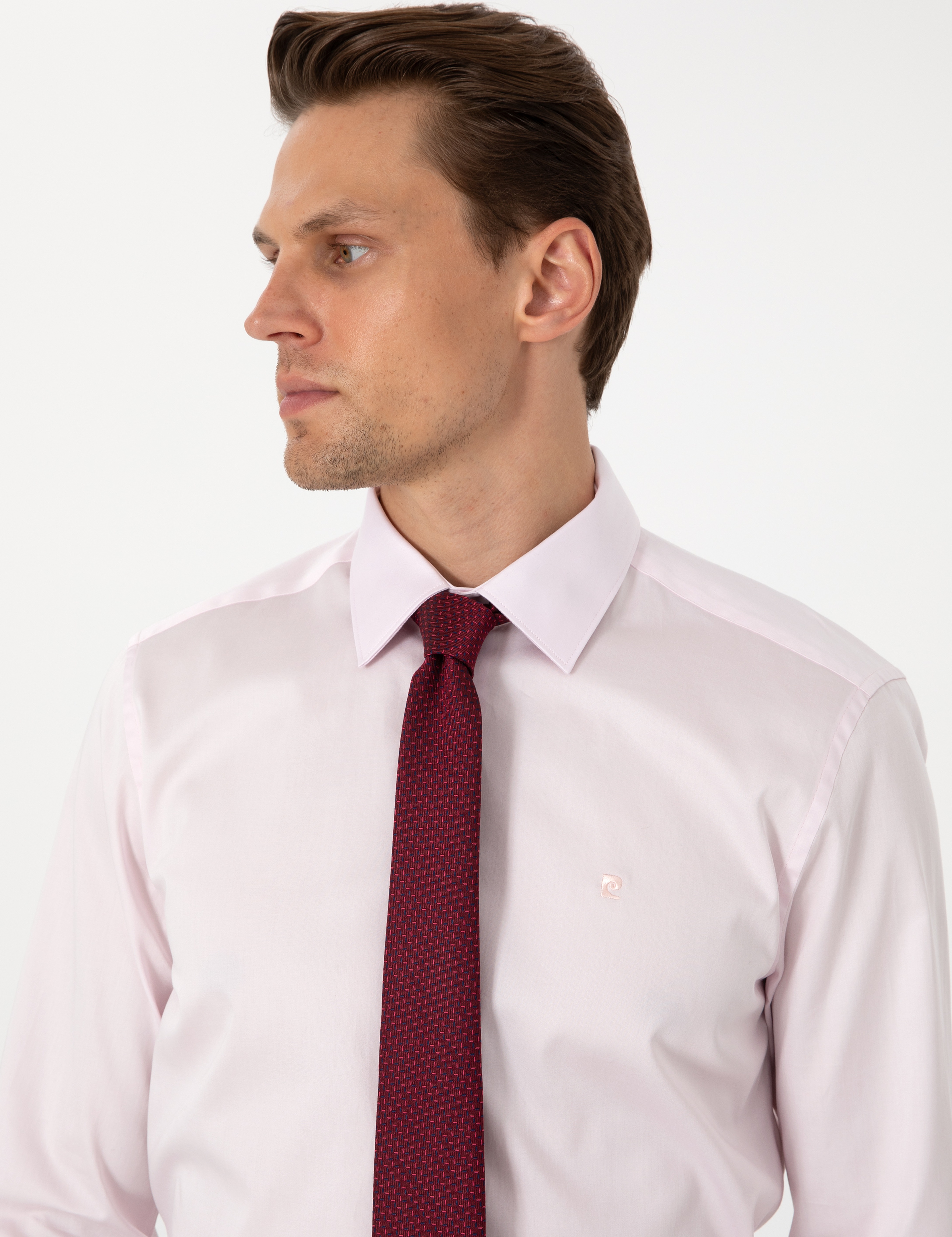 Açık Pembe %100 Pamuk Parlak Saten Slim Fit Uzun Kollu Basic Gömlek - Image 2