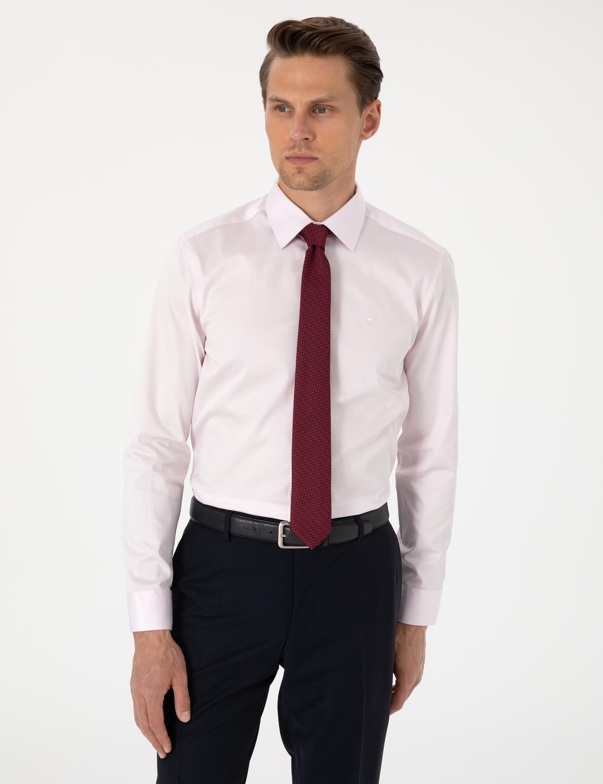 Açık Pembe Parlak Saten Slim Fit Uzun Kollu Basic Gömlek - 50305127061