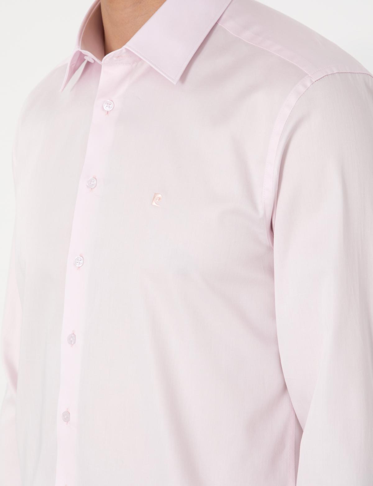 Açık Pembe Parlak Saten Slim Fit Uzun Kollu Basic Gömlek - 50305127061