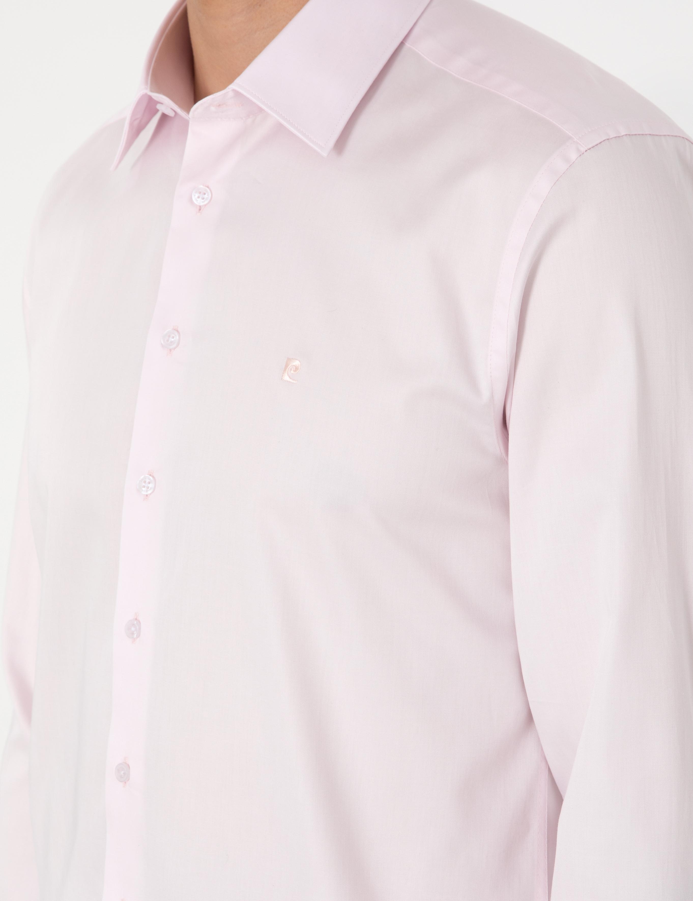 Açık Pembe Parlak Saten Slim Fit Uzun Kollu Basic Gömlek