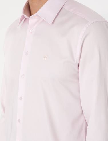 Açık Pembe %100 Pamuk Parlak Saten Slim Fit Uzun Kollu Basic Gömlek