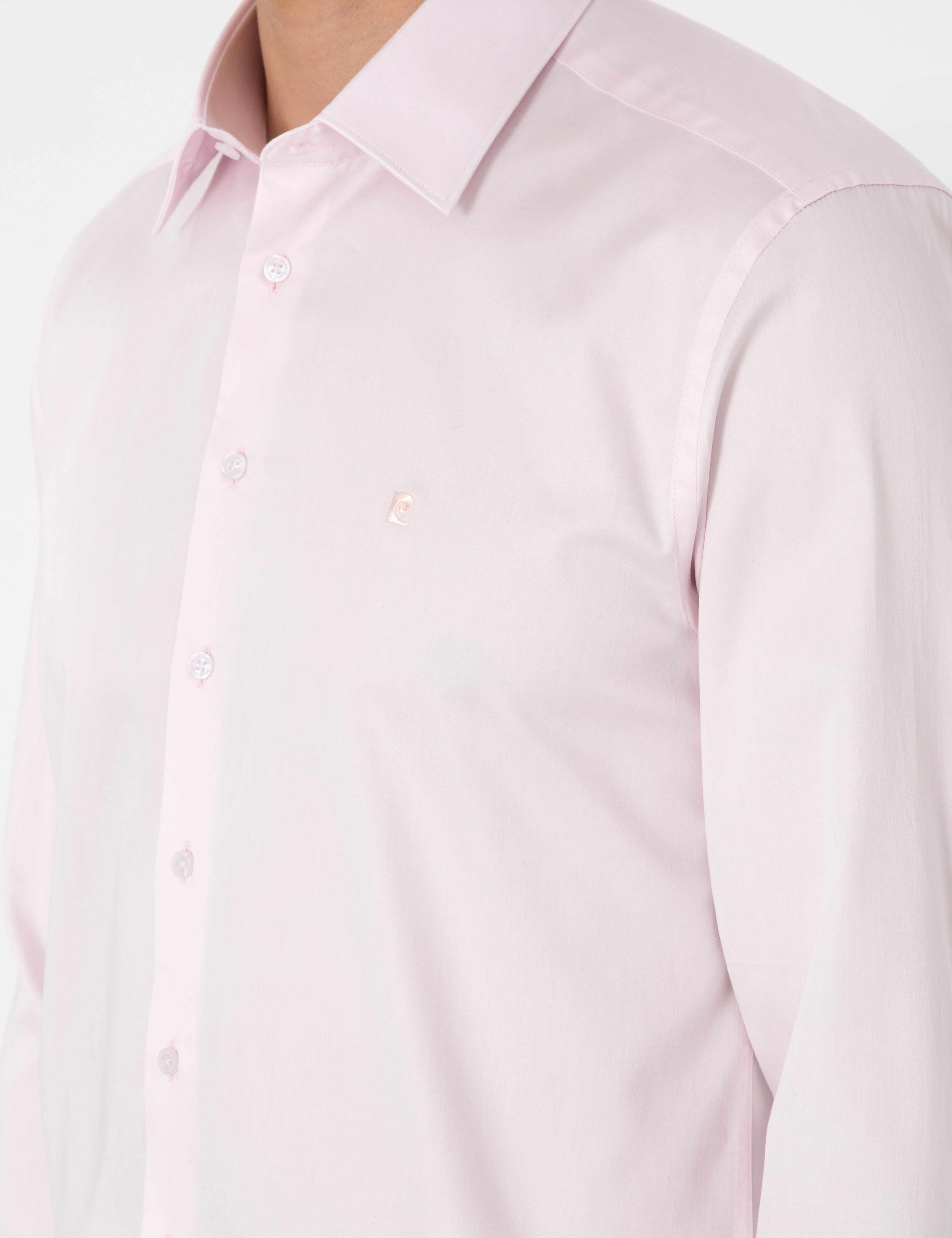 Açık Pembe %100 Pamuk Parlak Saten Slim Fit Uzun Kollu Basic Gömlek - Image 7