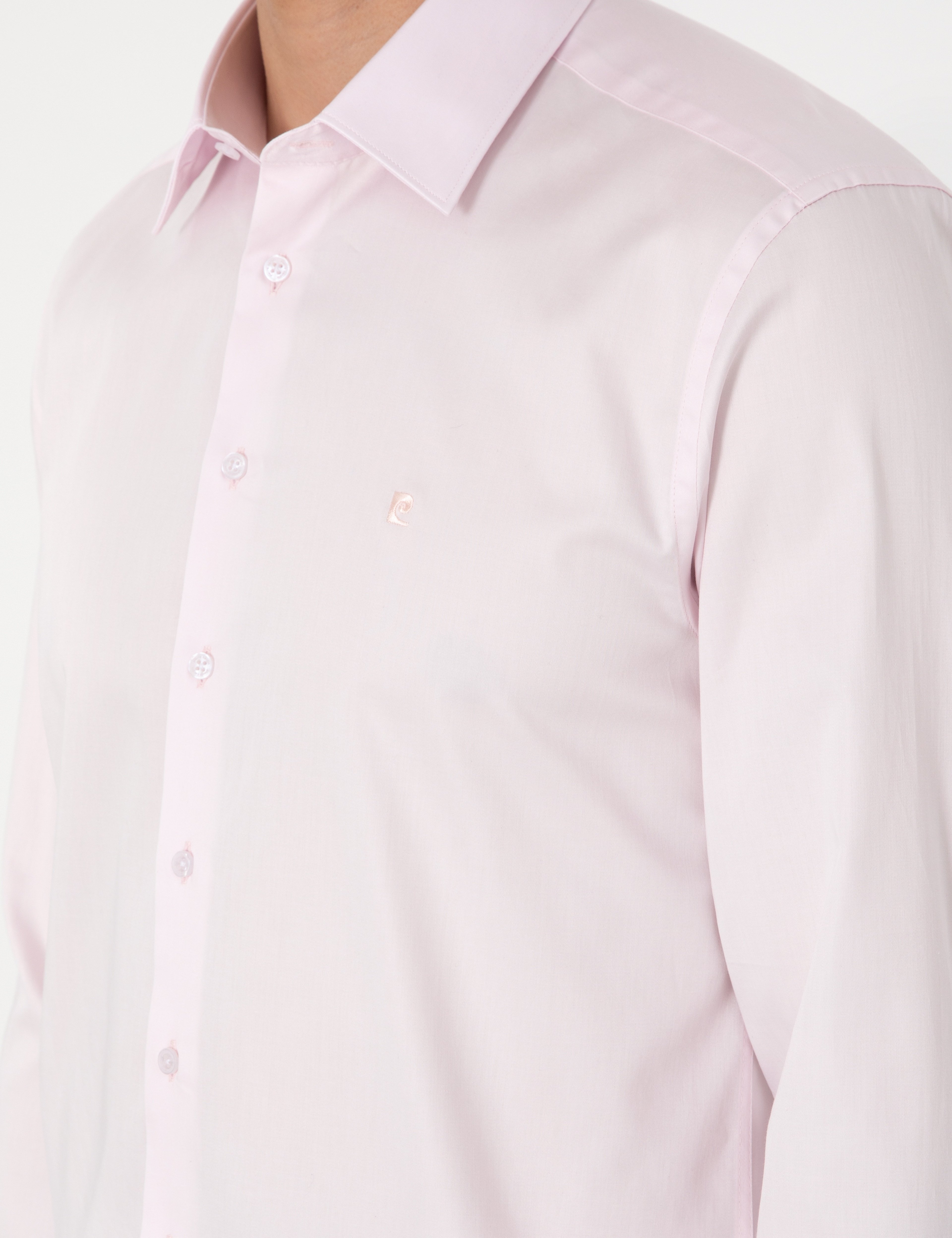 Açık Pembe %100 Pamuk Parlak Saten Slim Fit Uzun Kollu Basic Gömlek
