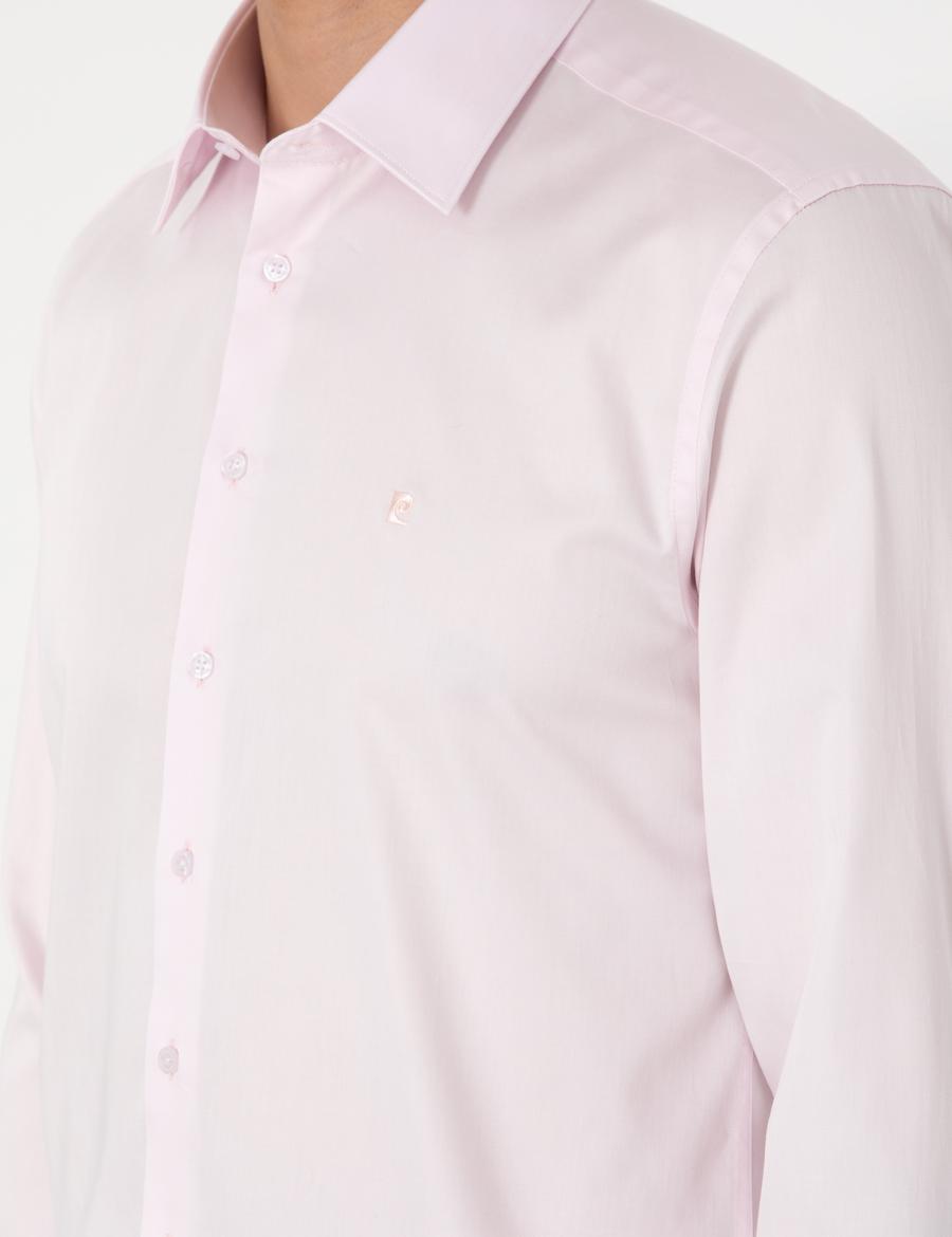 Açık Pembe Parlak Saten Slim Fit Uzun Kollu Basic Gömlek