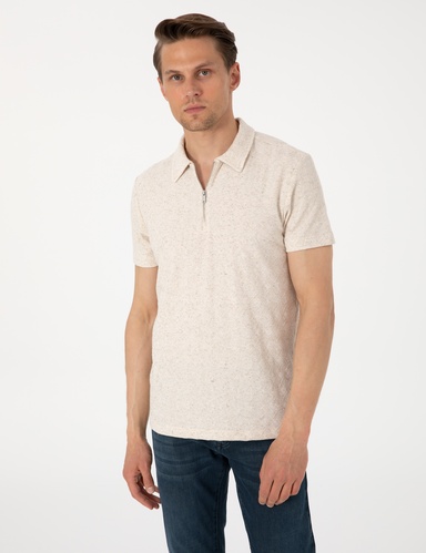 Bej Slim Fit Keten Karışımlı Fermuarlı Polo Yaka Tişört