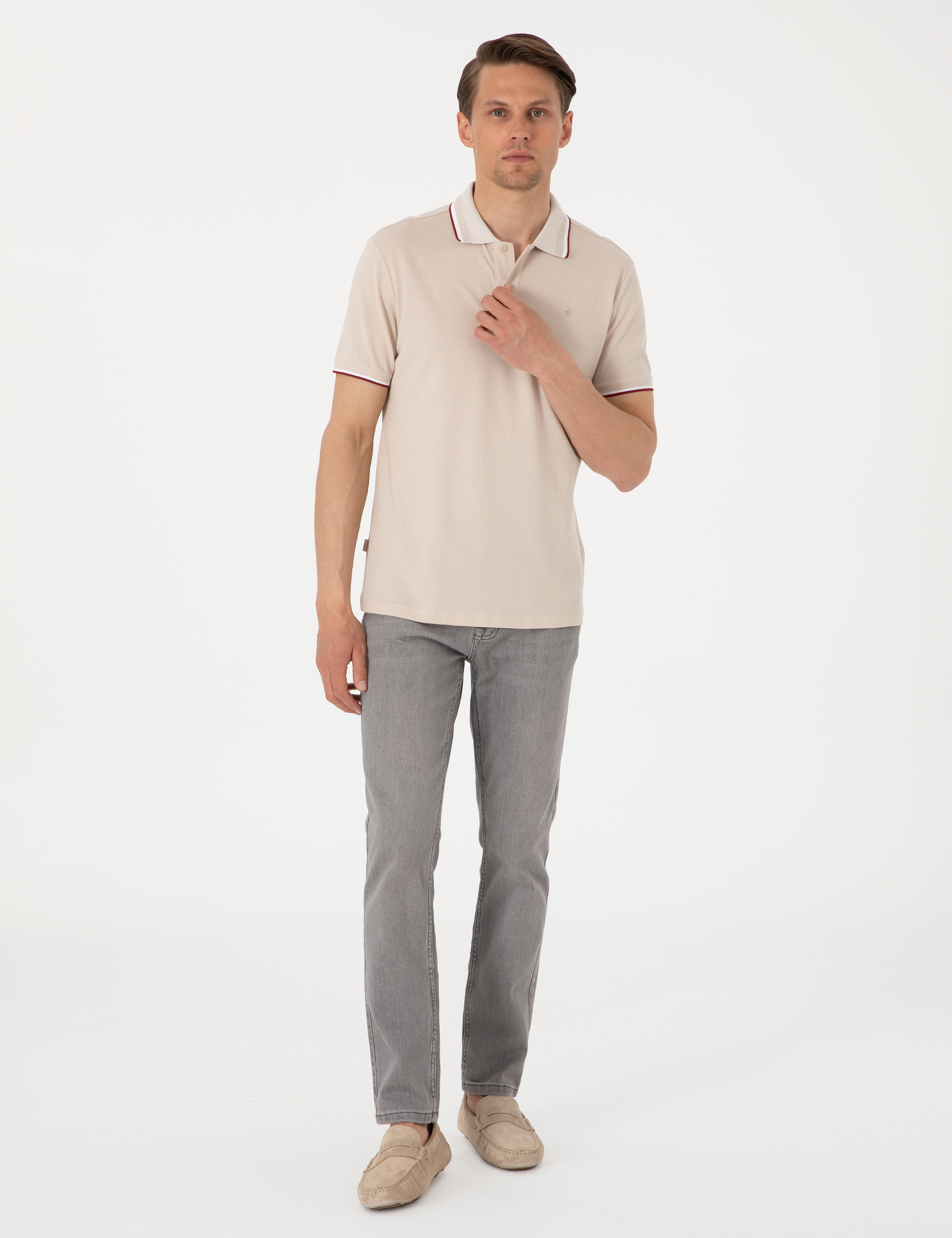 Bej Slim Fit Polo Yaka Tişört - Image 4