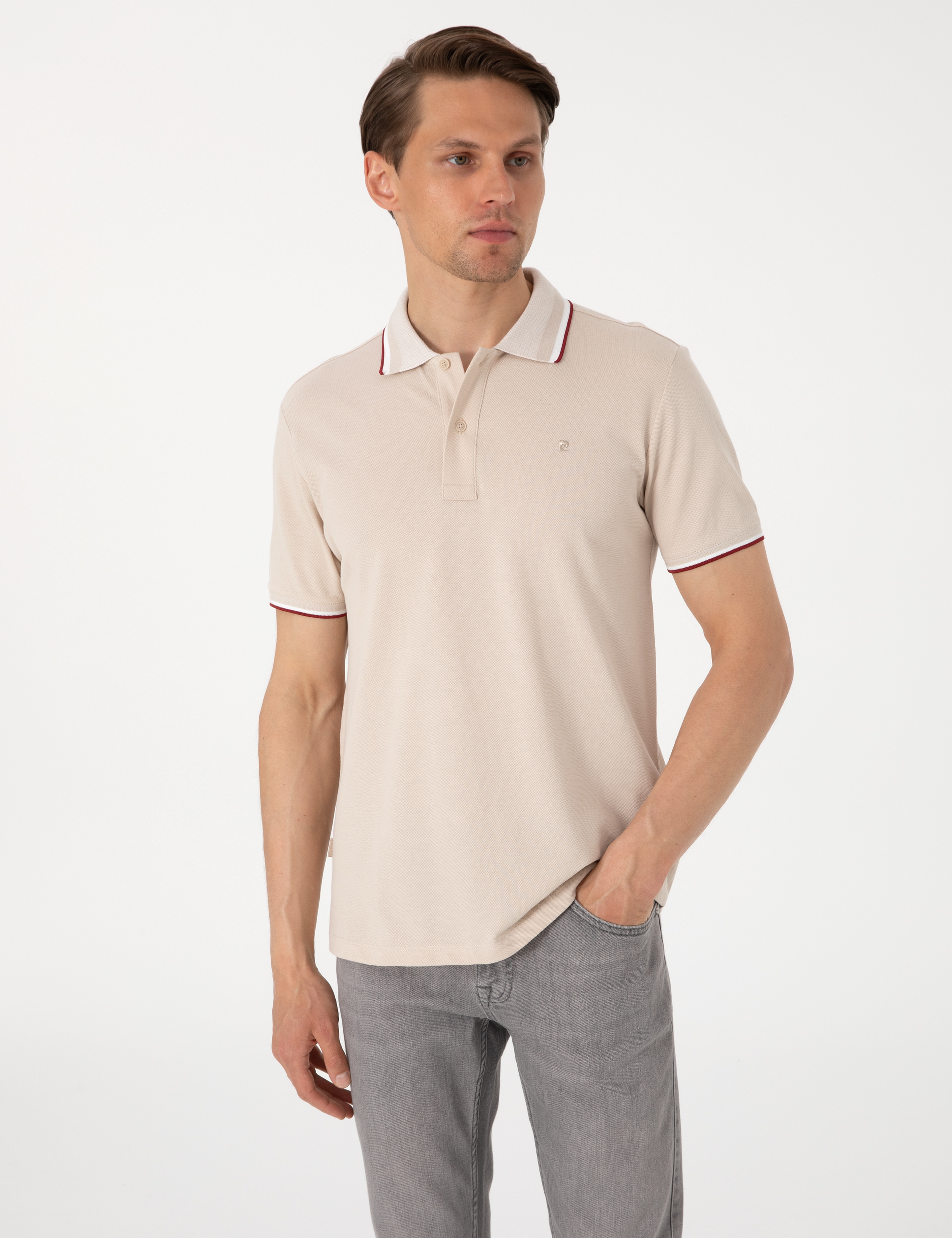 Bej Slim Fit Polo Yaka Tişört - Image 1