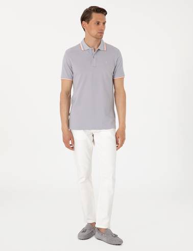 Açık Gri Slim Fit %100 Pamuk Polo Yaka Tişört