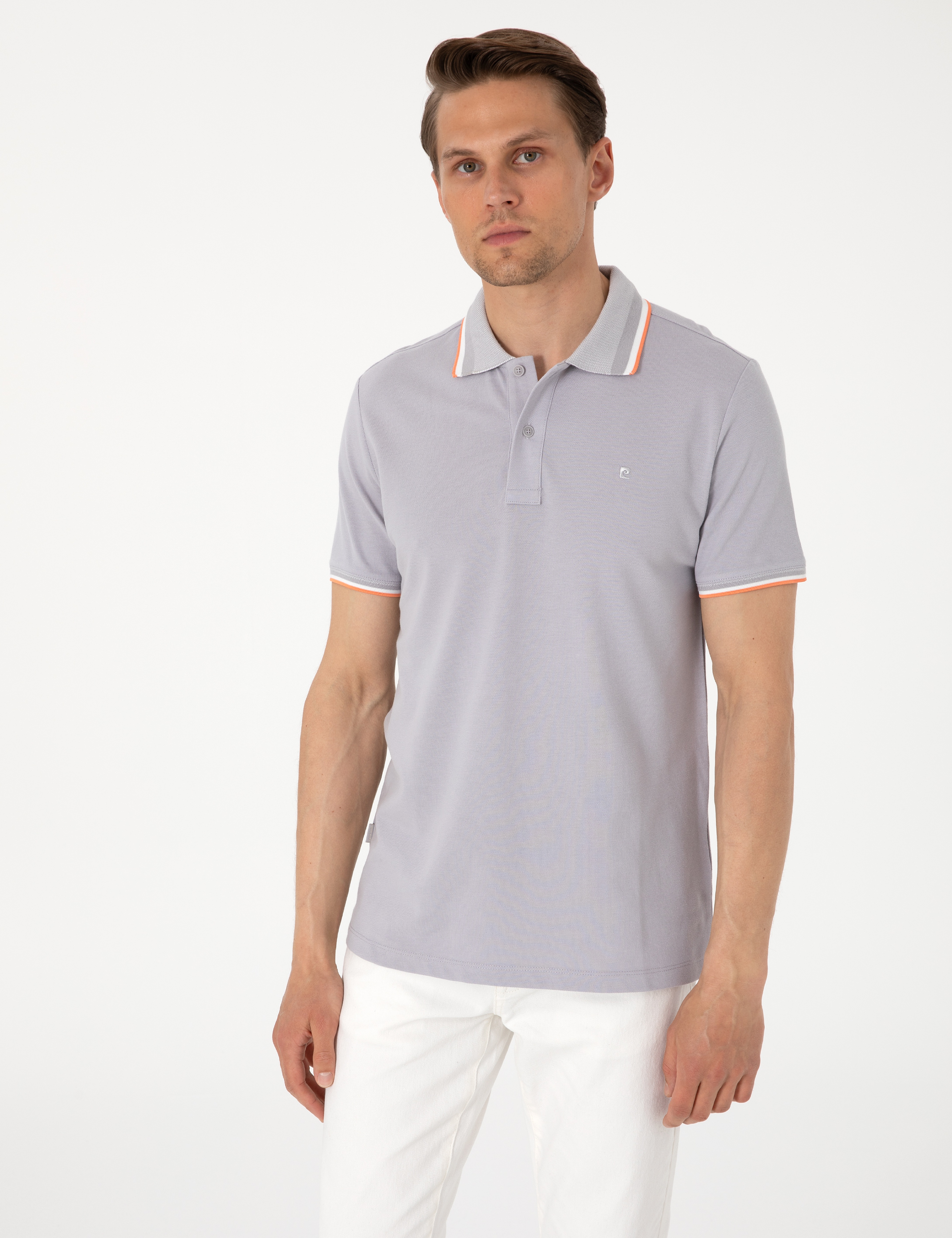 Açık Gri Slim Fit %100 Pamuk Polo Yaka Tişört - Image 1