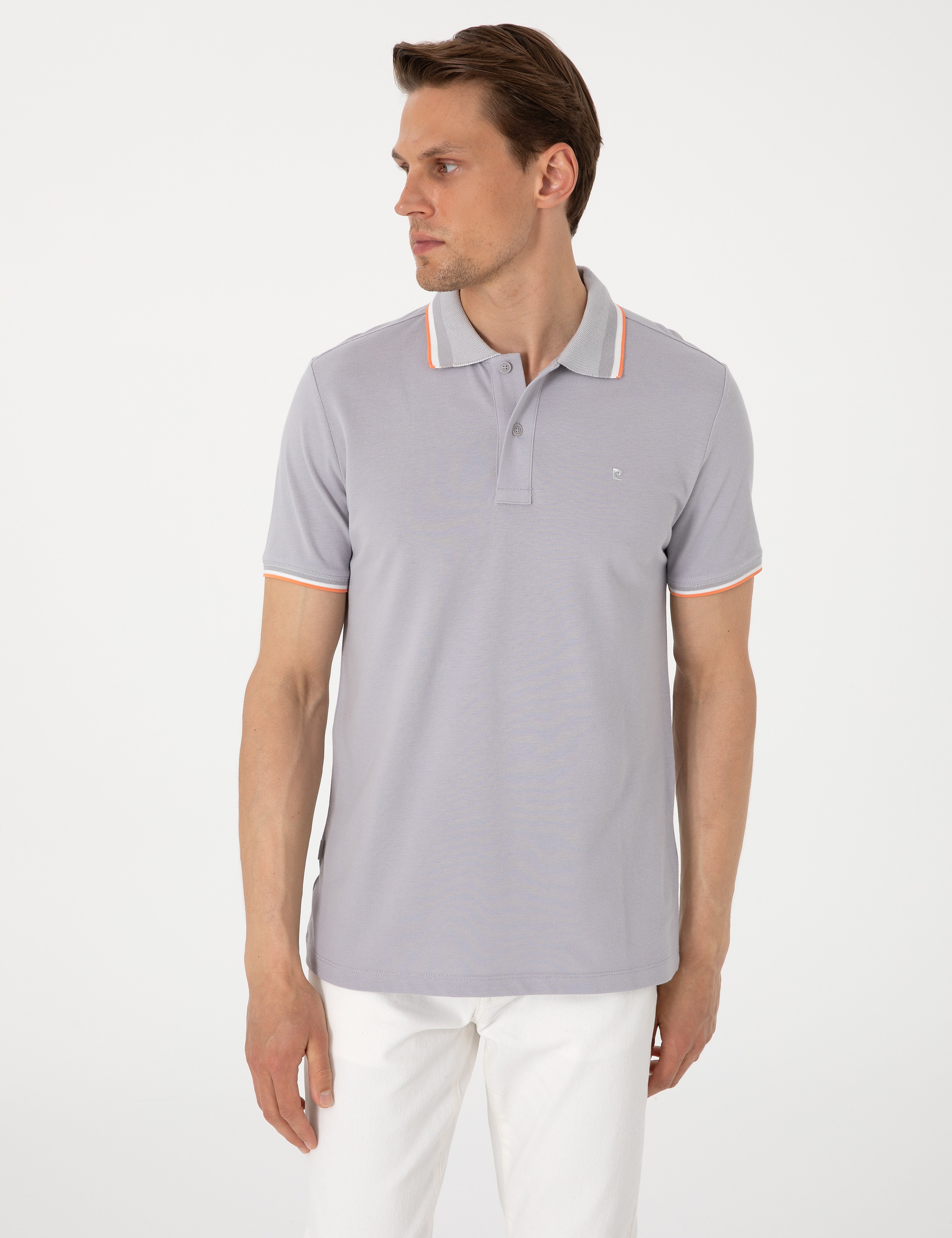 Açık Gri Slim Fit %100 Pamuk Polo Yaka Tişört