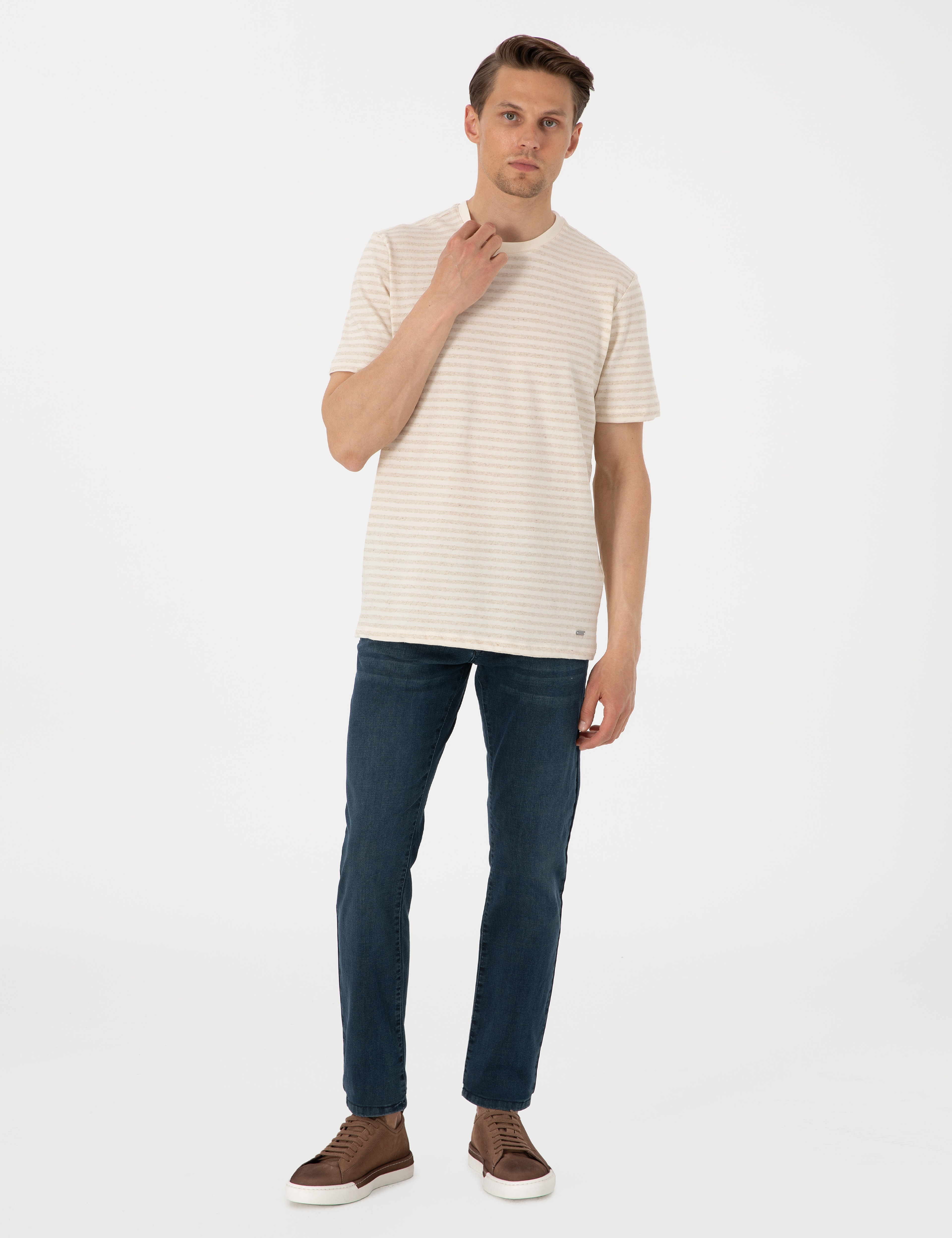 Bej Regular Fit Keten Karışımlı Tişört - Image 4
