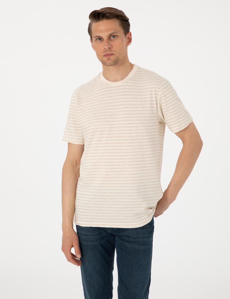 Bej Regular Fit Keten Karışımlı Tişört