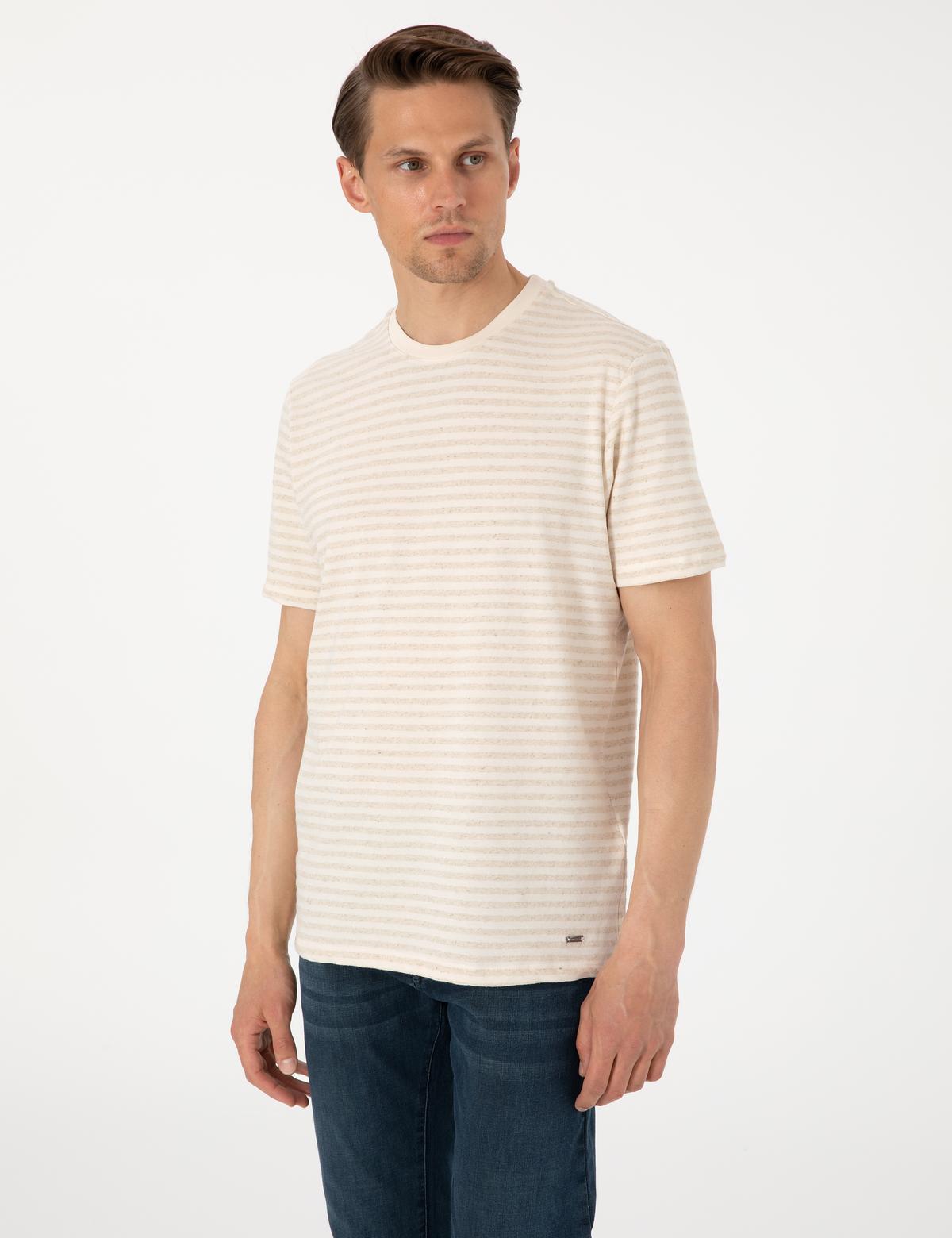 Bej Regular Fit Keten Karışımlı Tişört - 50303857193