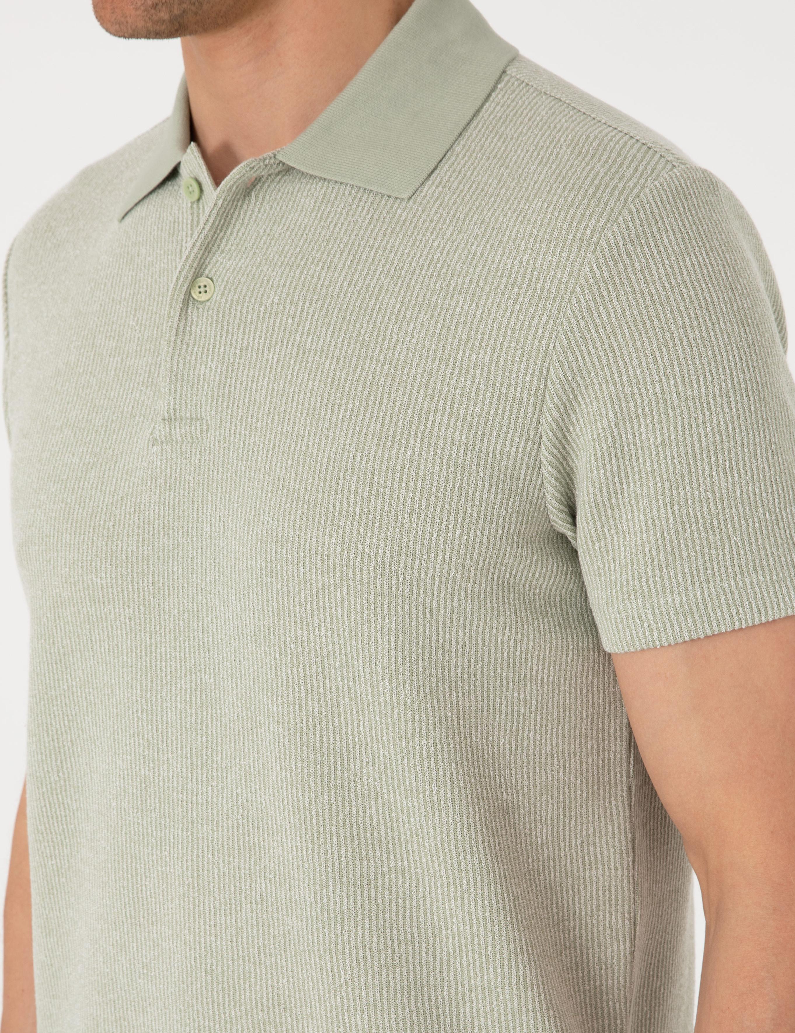 Haki Slim Fit Örme Dokulu Polo Yaka Tişört