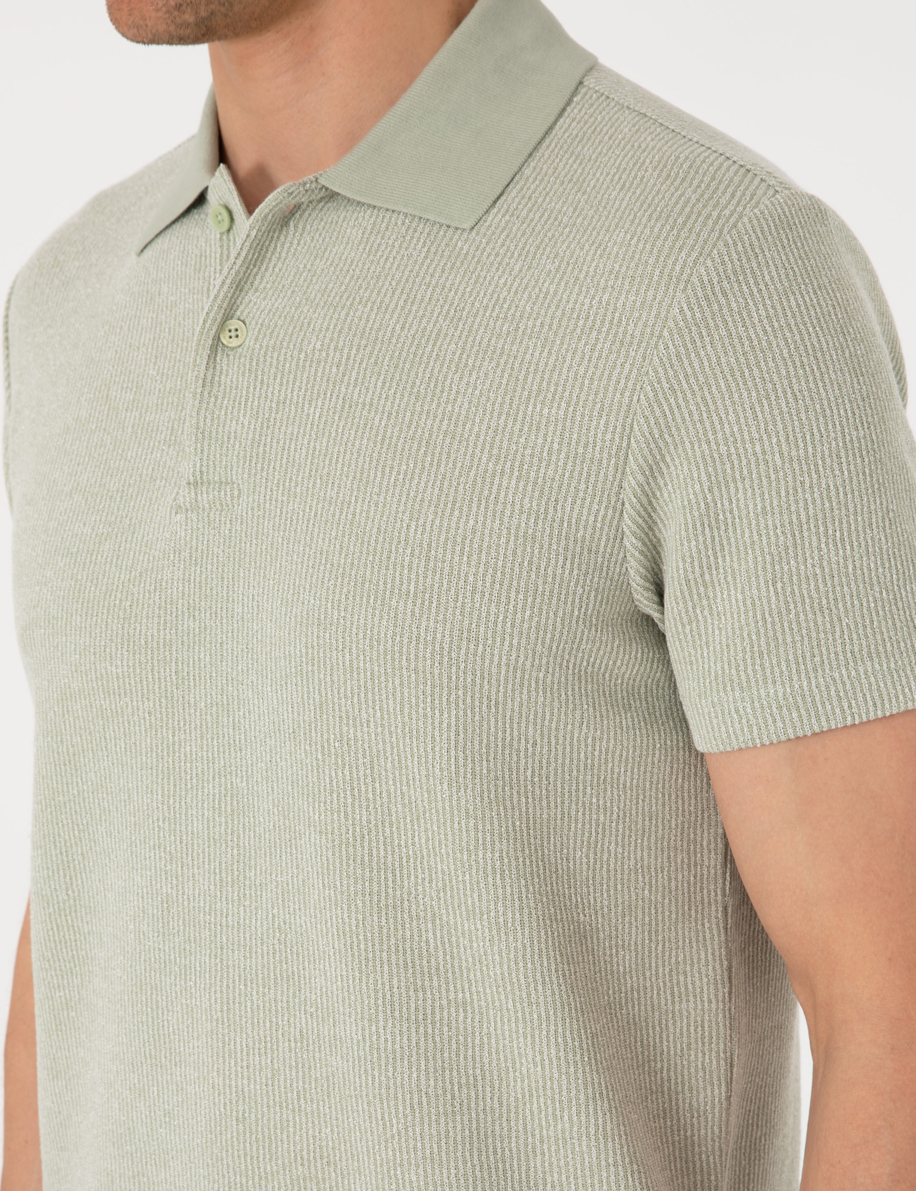 Haki Slim Fit Örme Dokulu Polo Yaka Tişört - Image 7