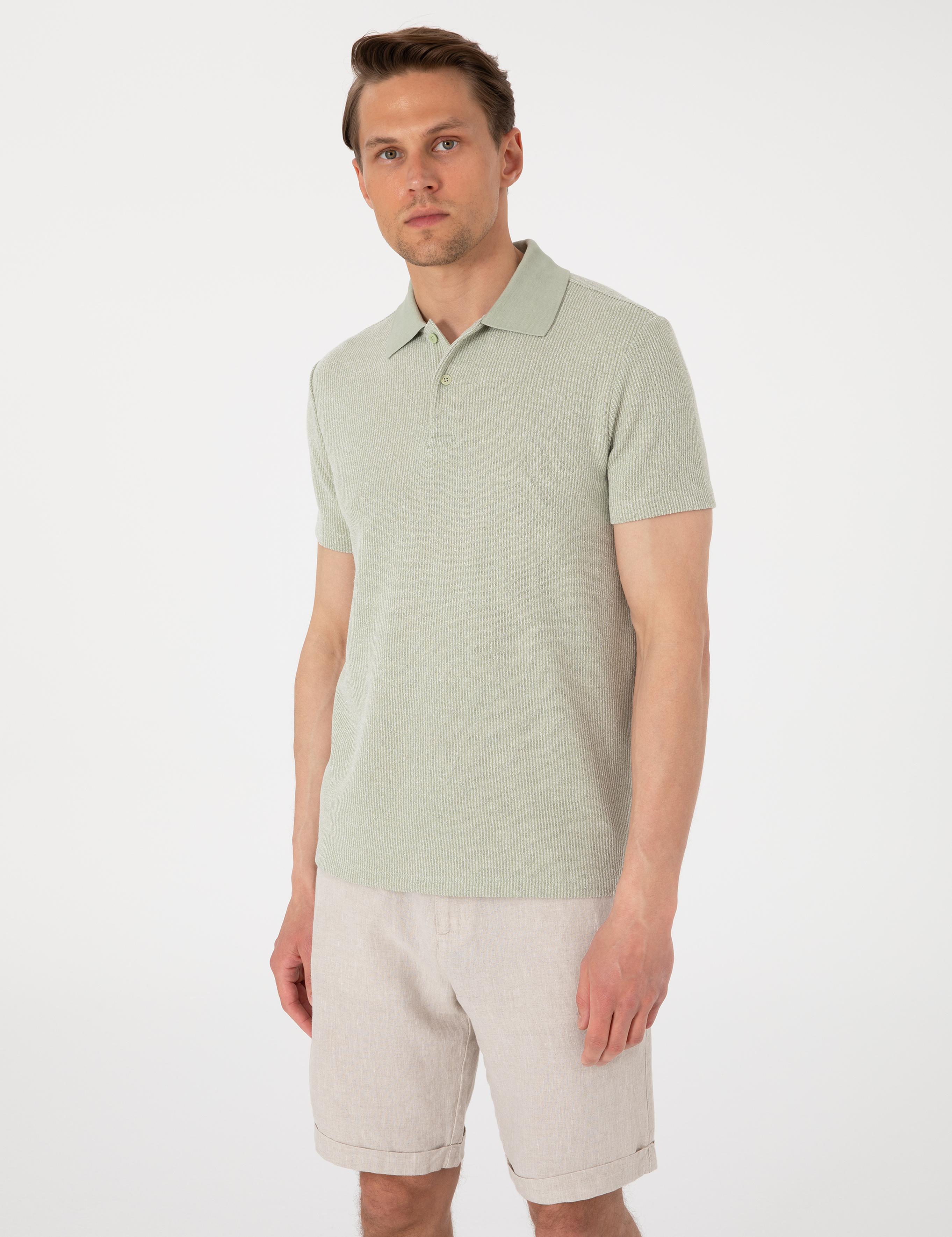 Haki Slim Fit Örme Dokulu Polo Yaka Tişört