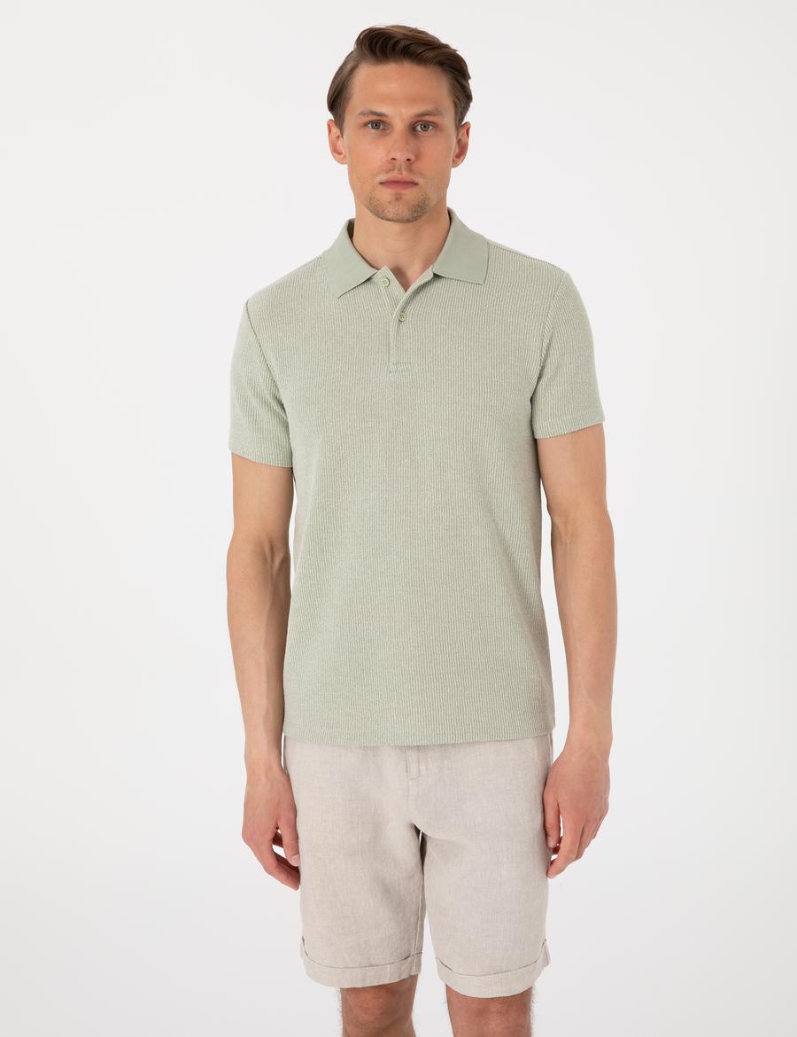 Haki Slim Fit Örme Dokulu Polo Yaka Tişört
