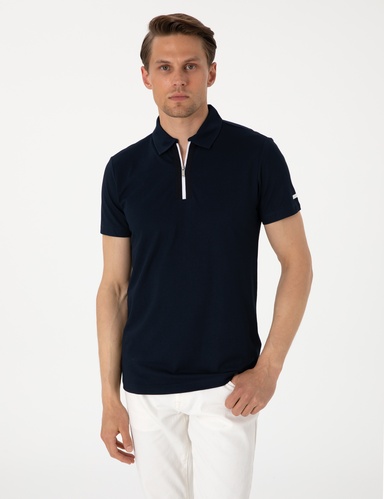 Lacivert Ultralight Kumaş Slim Fit Fermuarlı Polo Yaka Tişört