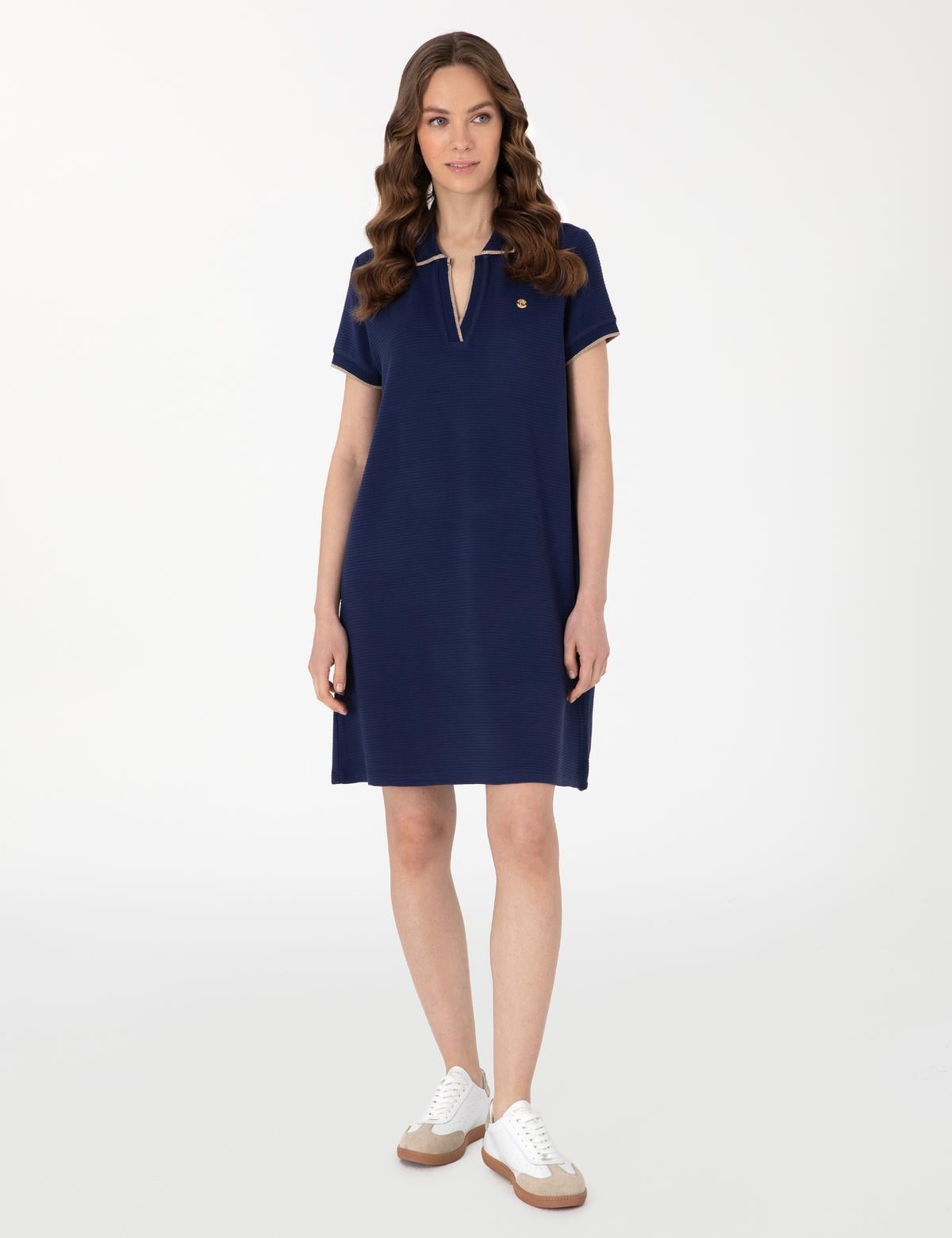 Lacivert Regular Fit Polo Yaka Örme Elbise