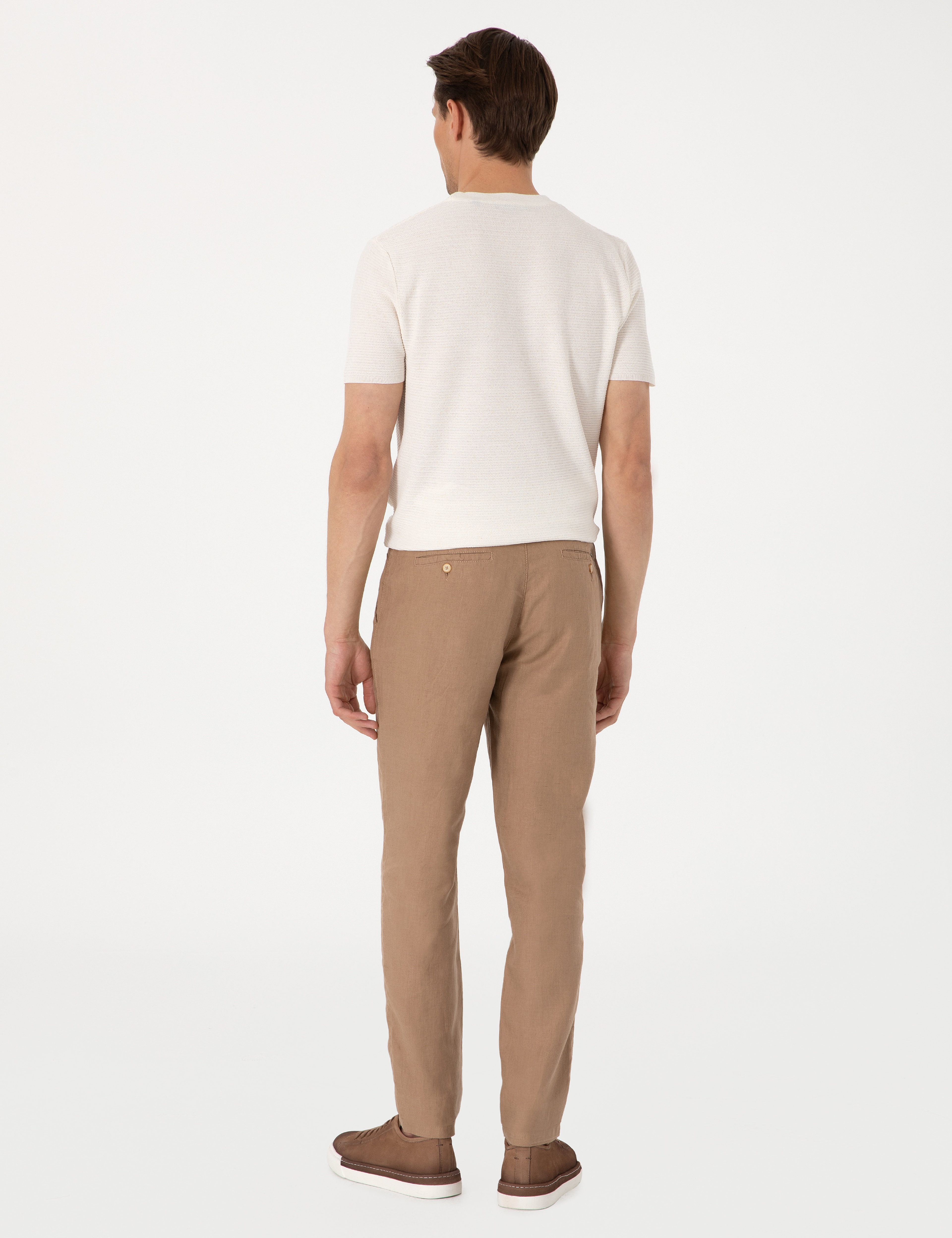Kahverengi Carrot Fit %100 Keten Kanvas Pantolon - Image 4