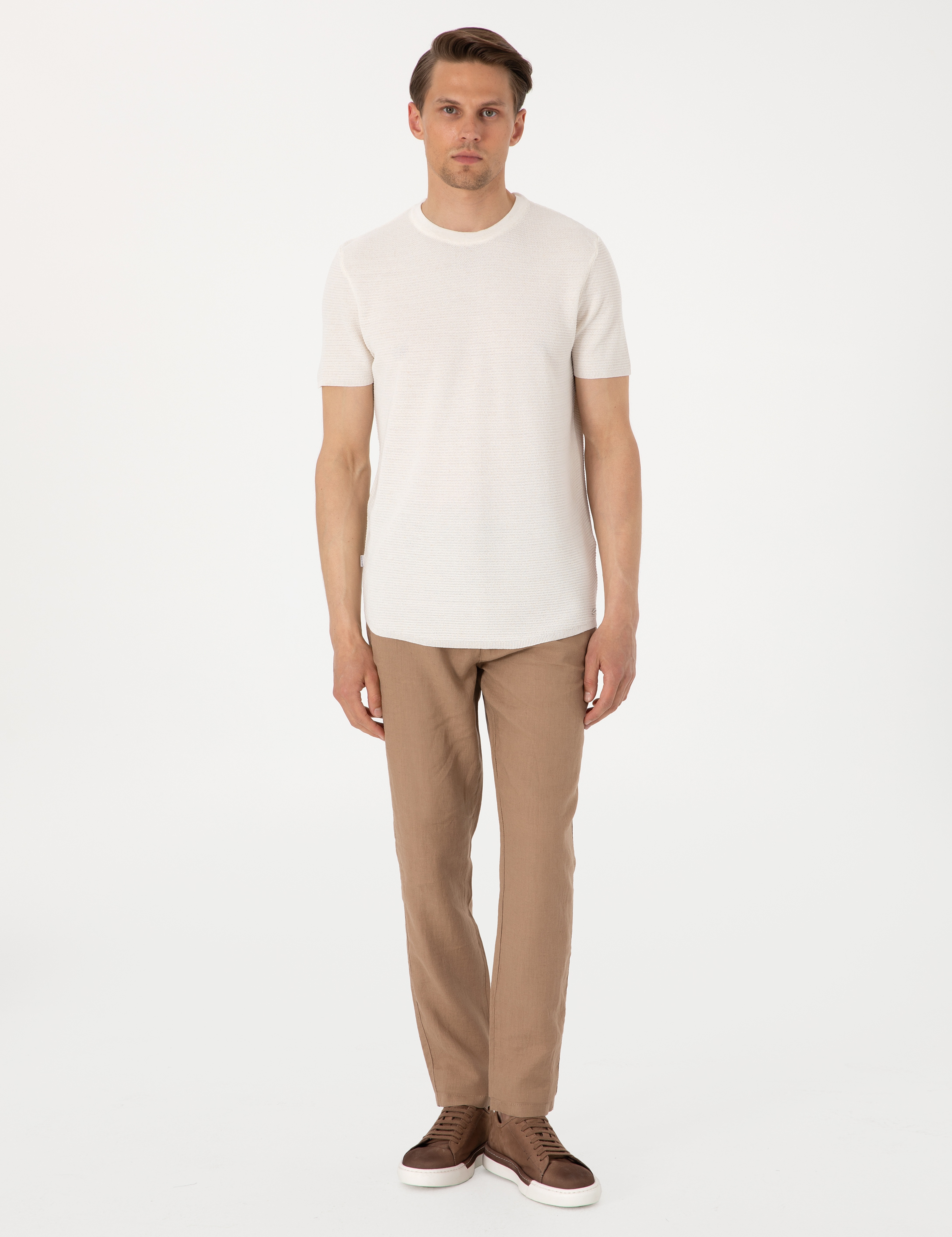 Kahverengi Carrot Fit %100 Keten Kanvas Pantolon - Image 1