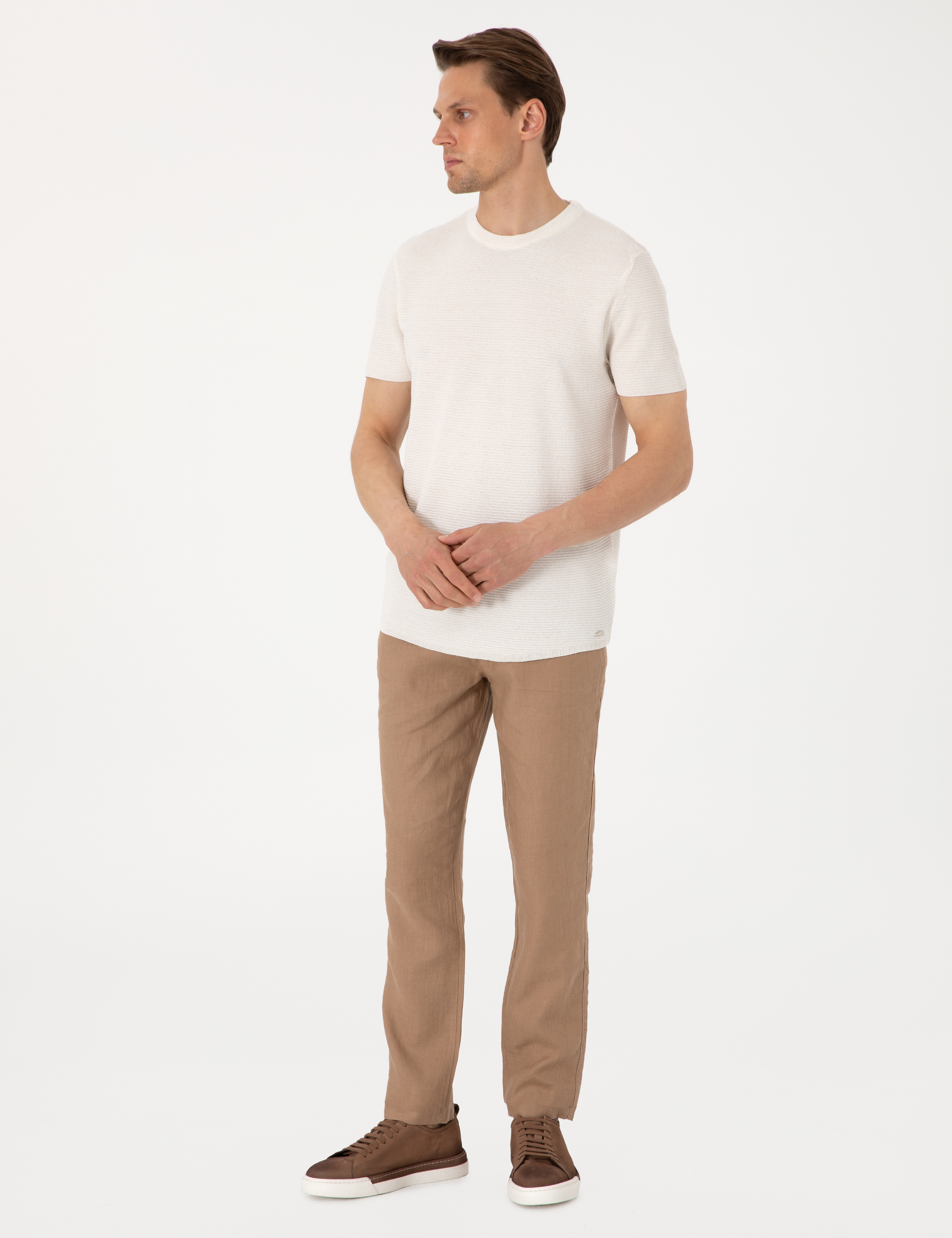 Kahverengi Carrot Fit %100 Keten Kanvas Pantolon - Image 3