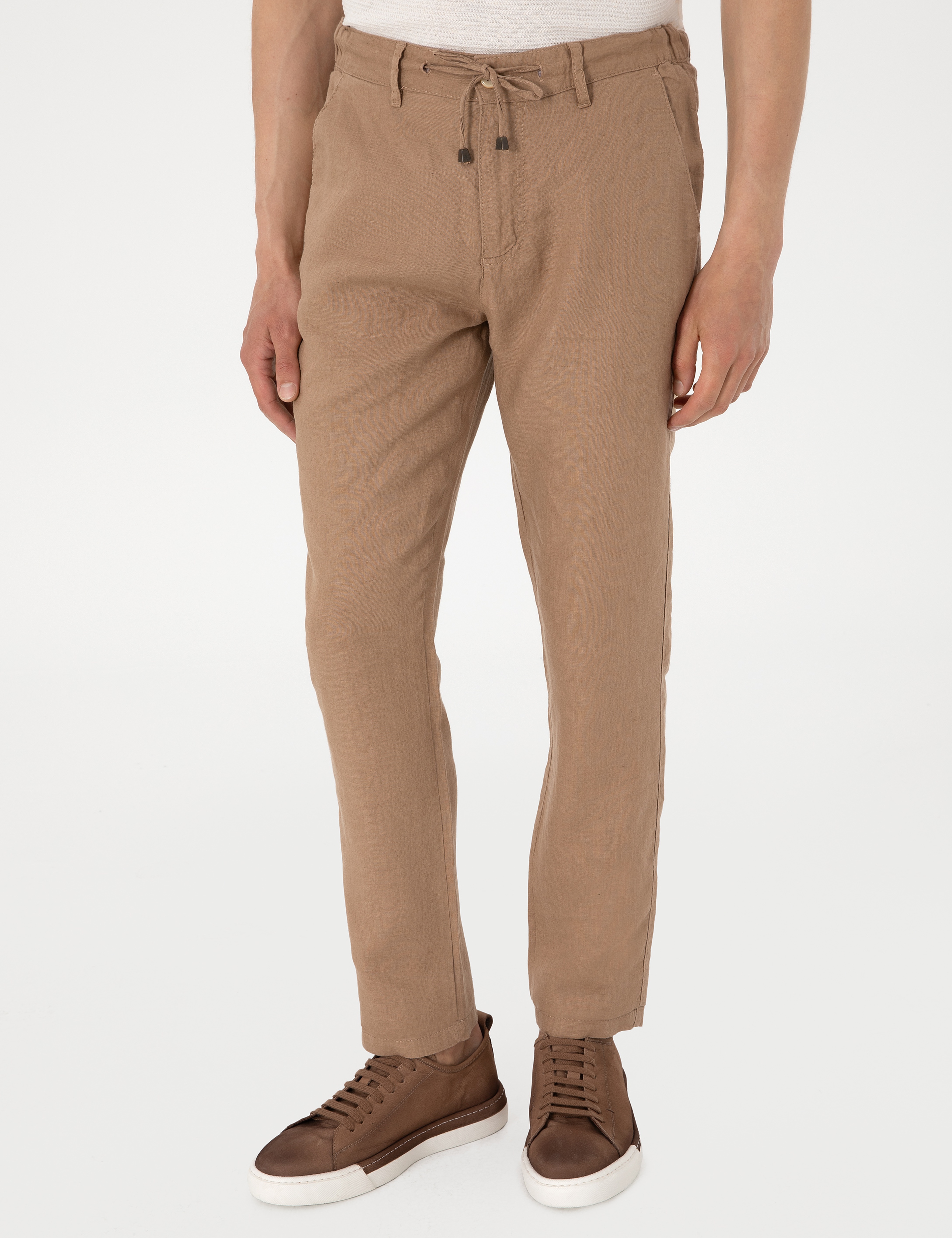 Kahverengi Carrot Fit %100 Keten Kanvas Pantolon - Image 2