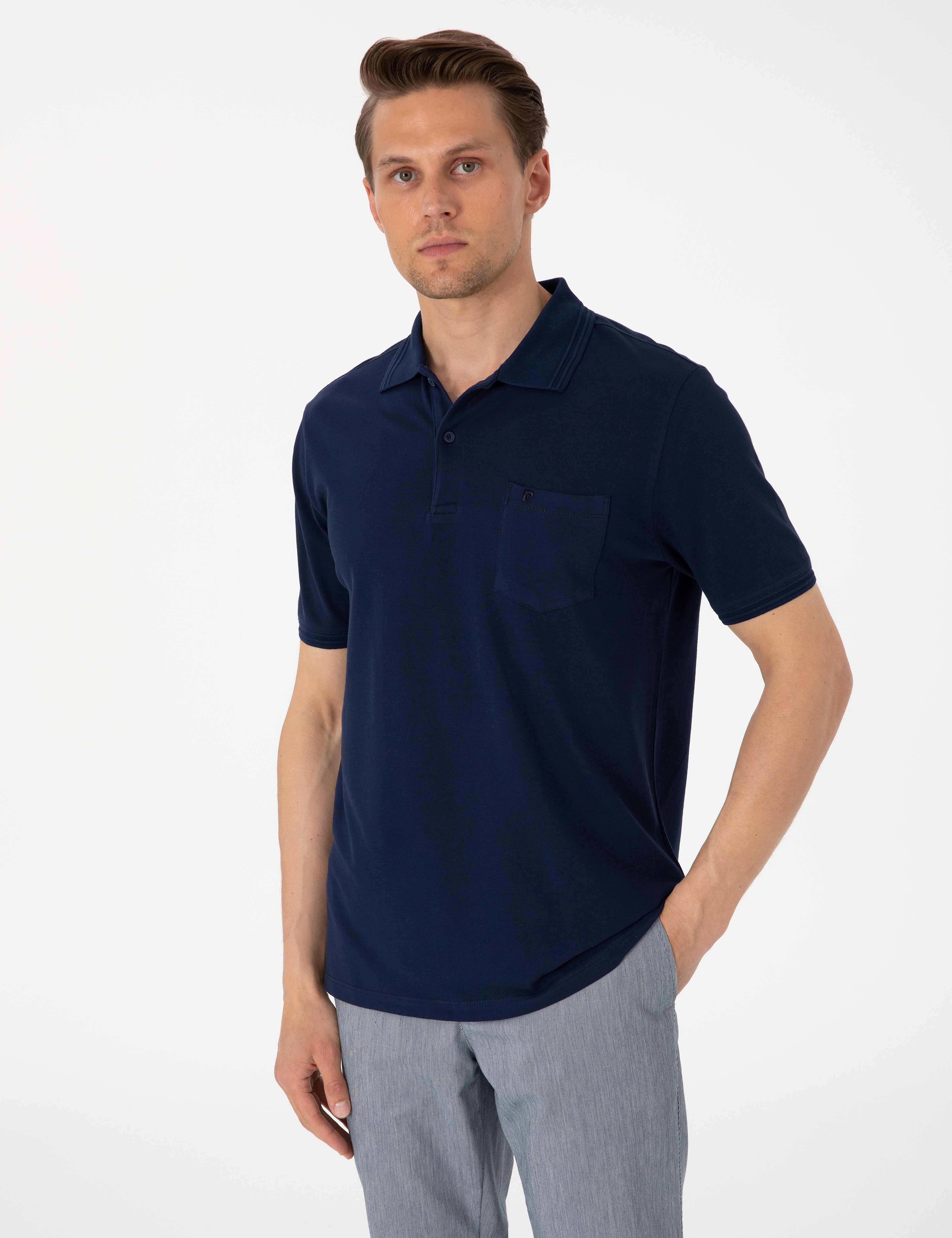 Lacivert Regular Fit %100 Pamuk Cepli Düğmeli Polo Yaka Basic Tişört - Image 1