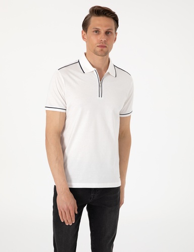 Ekru Slim Fit %100 Pamuk Fermuarlı Polo Yaka Merserize Tişört