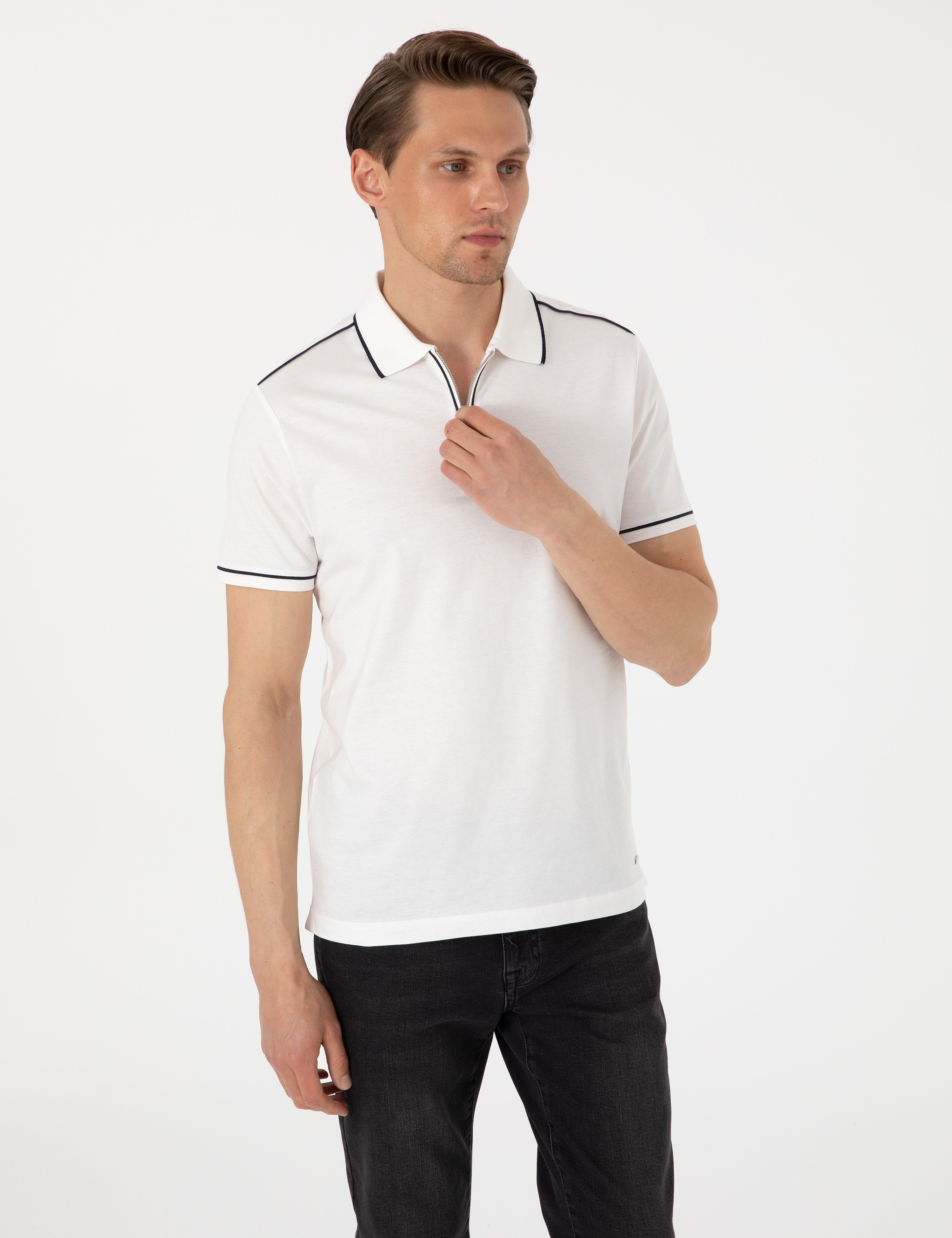 Ekru Slim Fit %100 Pamuk Polo Yaka Merserize Tişört