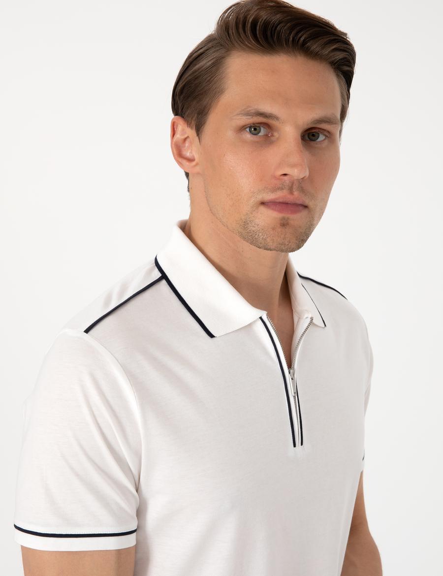 Ekru Slim Fit %100 Pamuk Polo Yaka Merserize Tişört